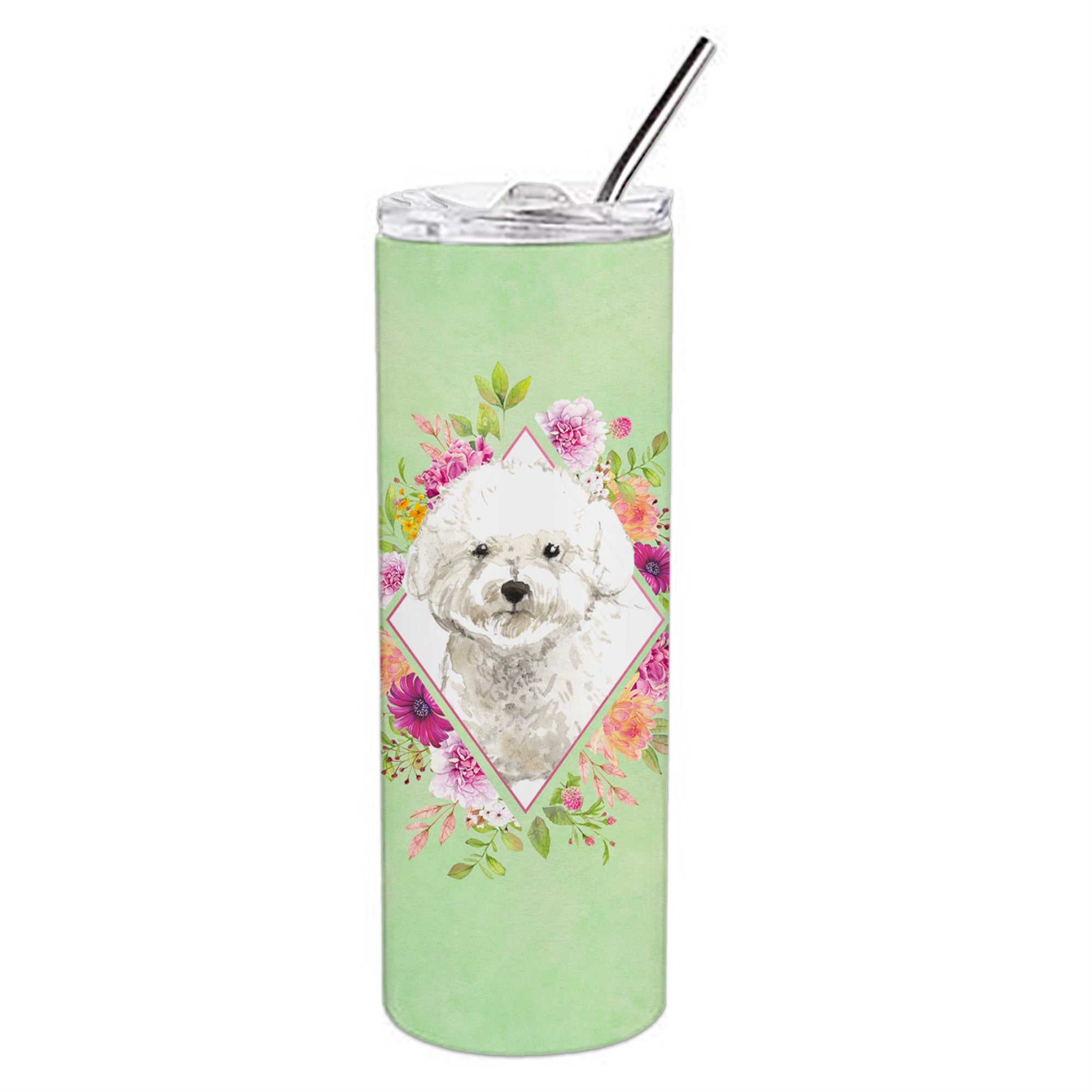 'Caroline'S Treasures Bichon Frise Green Flowers Double Walled Stainless Steel 20 Oz Skinny Travel-Insulated-Tumblers, Multicol