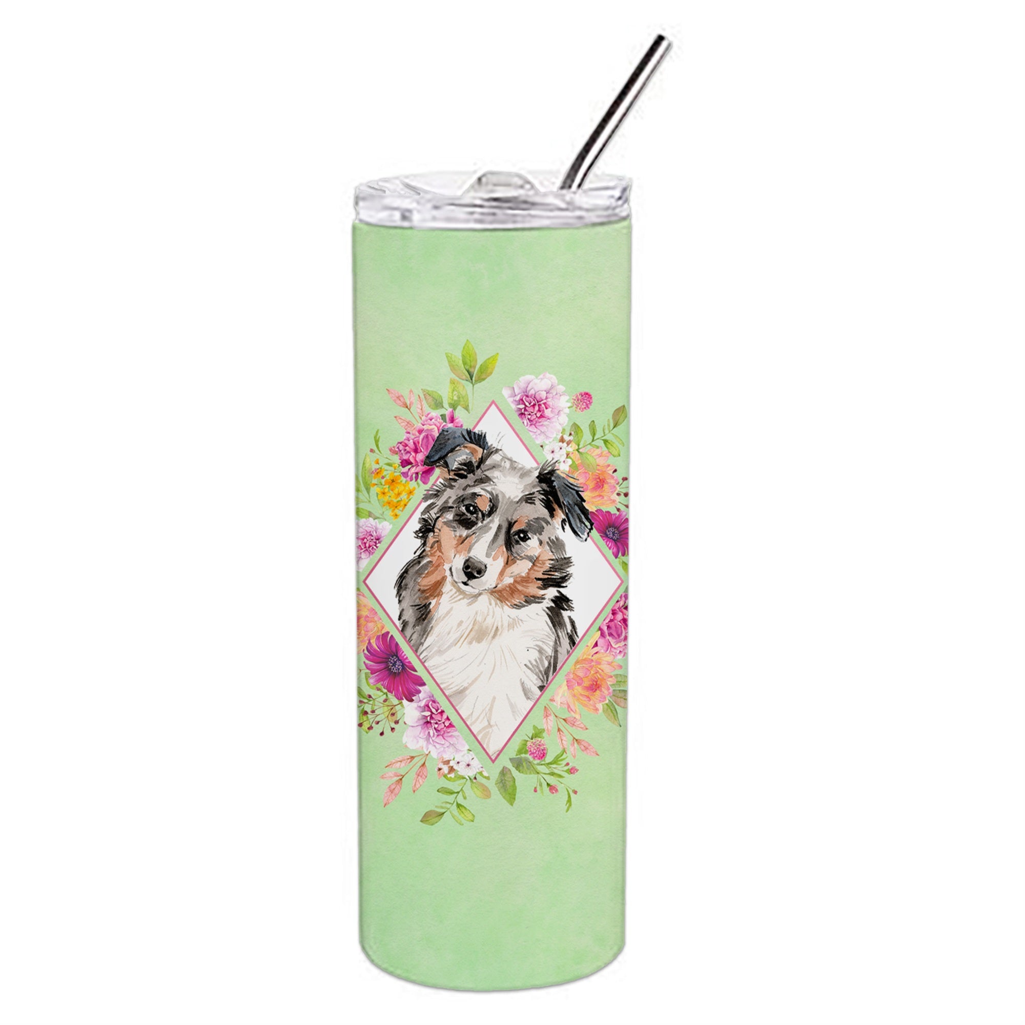 'Caroline'S Treasures Australian Shepherd Green Flowers Double Walled Stainless Steel 20 Oz Skinny Travel-Insulated-Tumblers, M