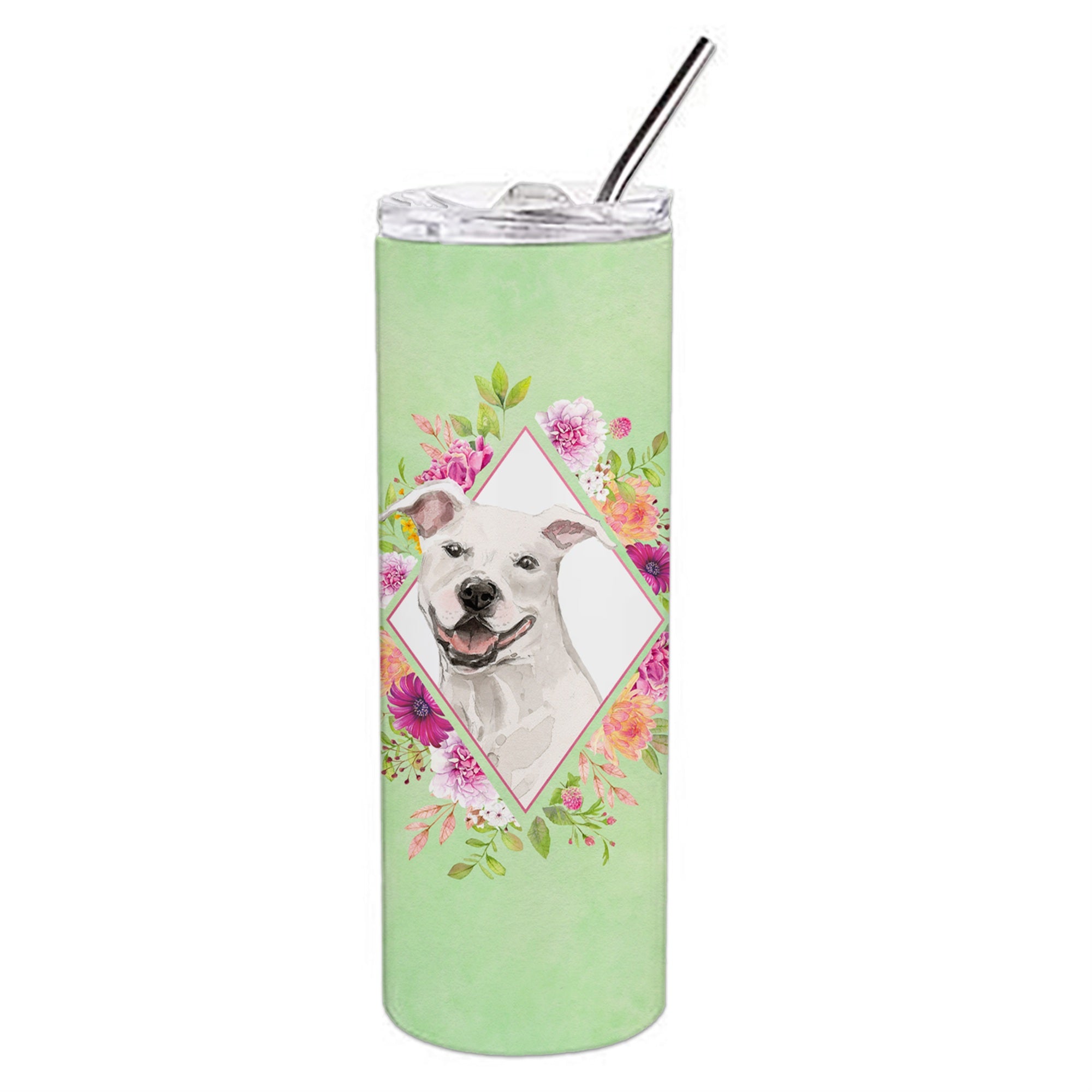 'Caroline'S Treasures White Pit Bull Terrier Green Flowers Stainless Steel 20 Oz Skinny Travel-Insulated-Tumblers, Multicolor''