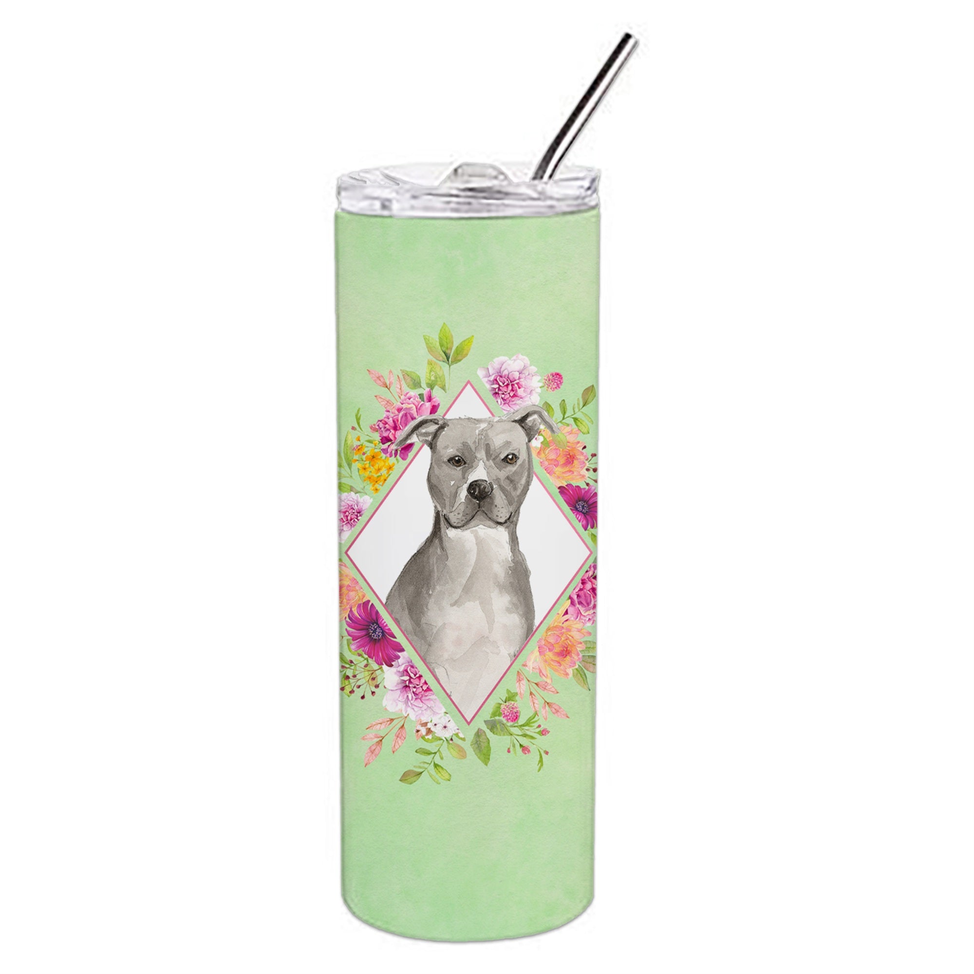 'Caroline'S Treasures Blue Pit Bull Terrier Green Flowers Stainless Steel 20 Oz Skinny Travel-Insulated-Tumblers, Multicolor''