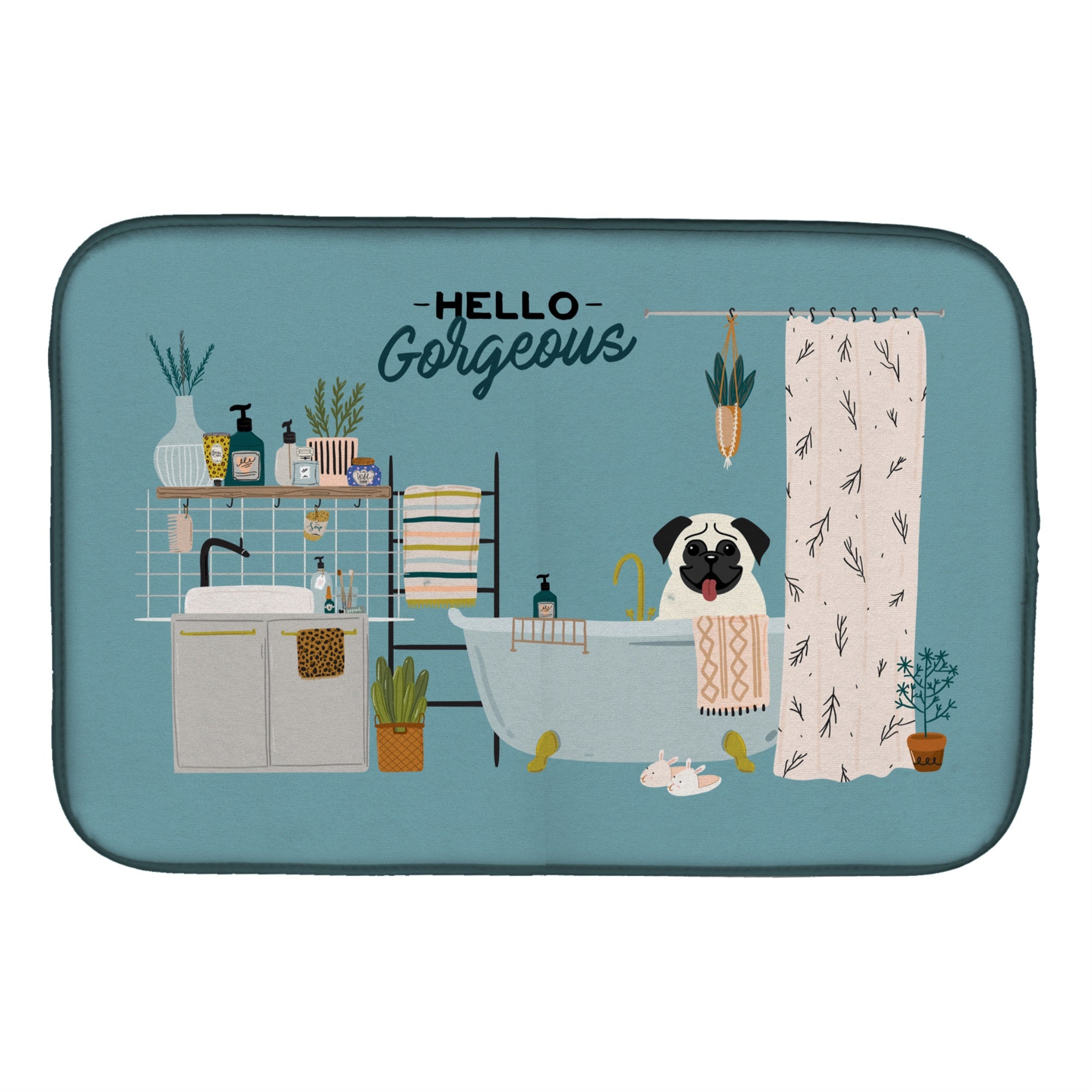 Cream Pug In Bathtub Dish Drying Mat Ck7426Ddm