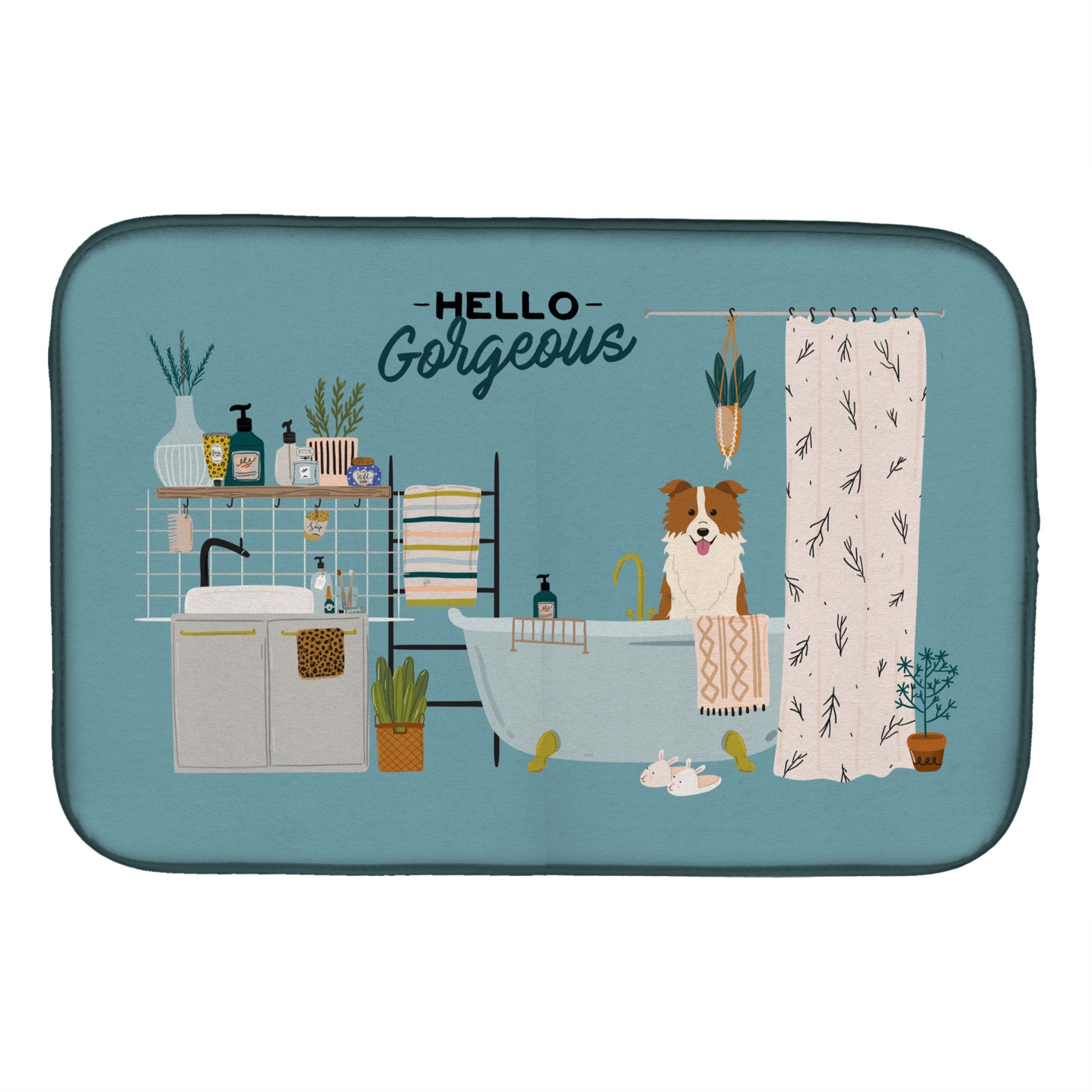 'Caroline'S Treasures Ck7541Ddm Red White Border Collie In Bathtub Dish-Drying-Mats, 14 X 21, Multicolor''