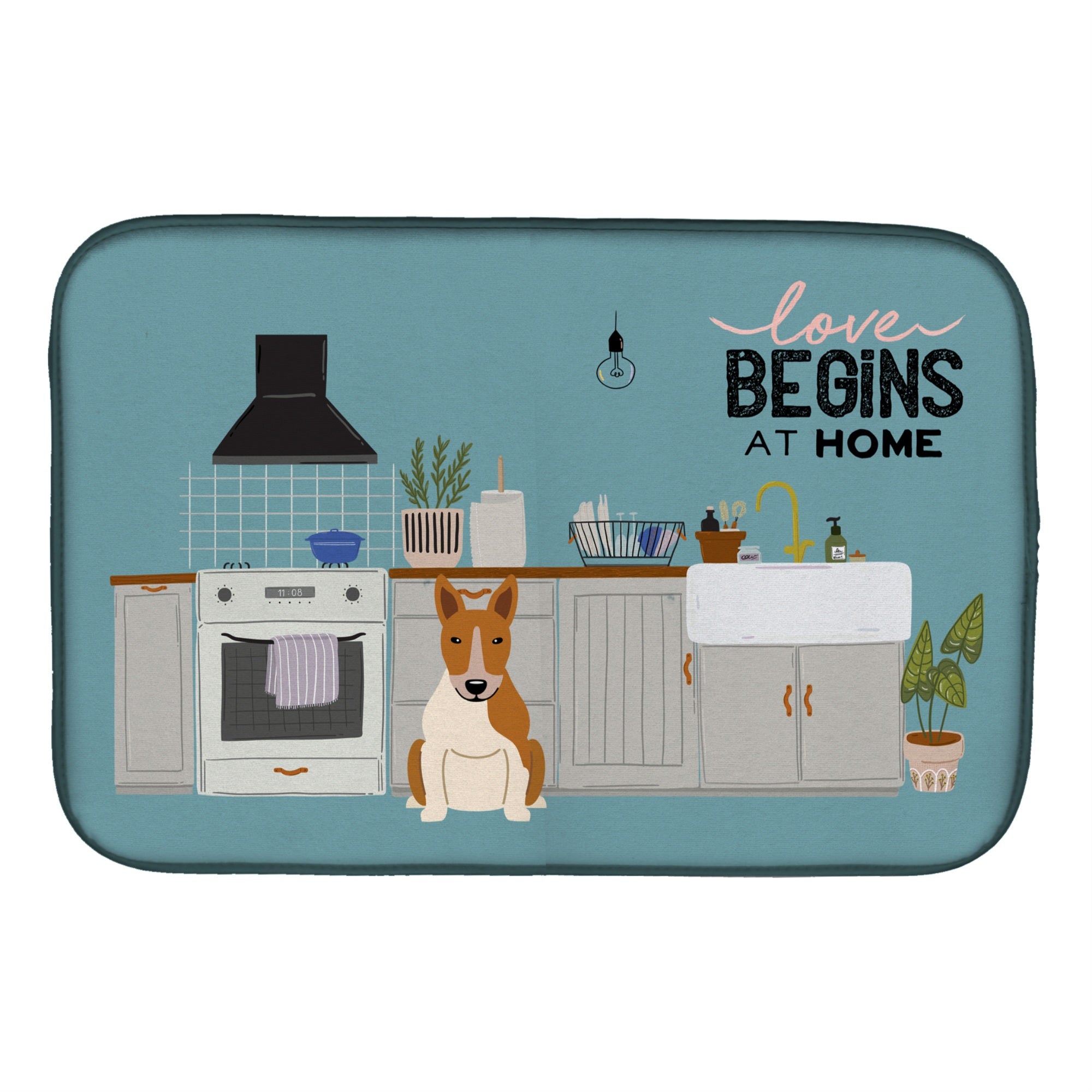 'Caroline'S Treasures Ck7839Ddm Red White Bull Terrier Kitchen Scene Dish-Drying-Mats, 14 X 21, Multicolor''