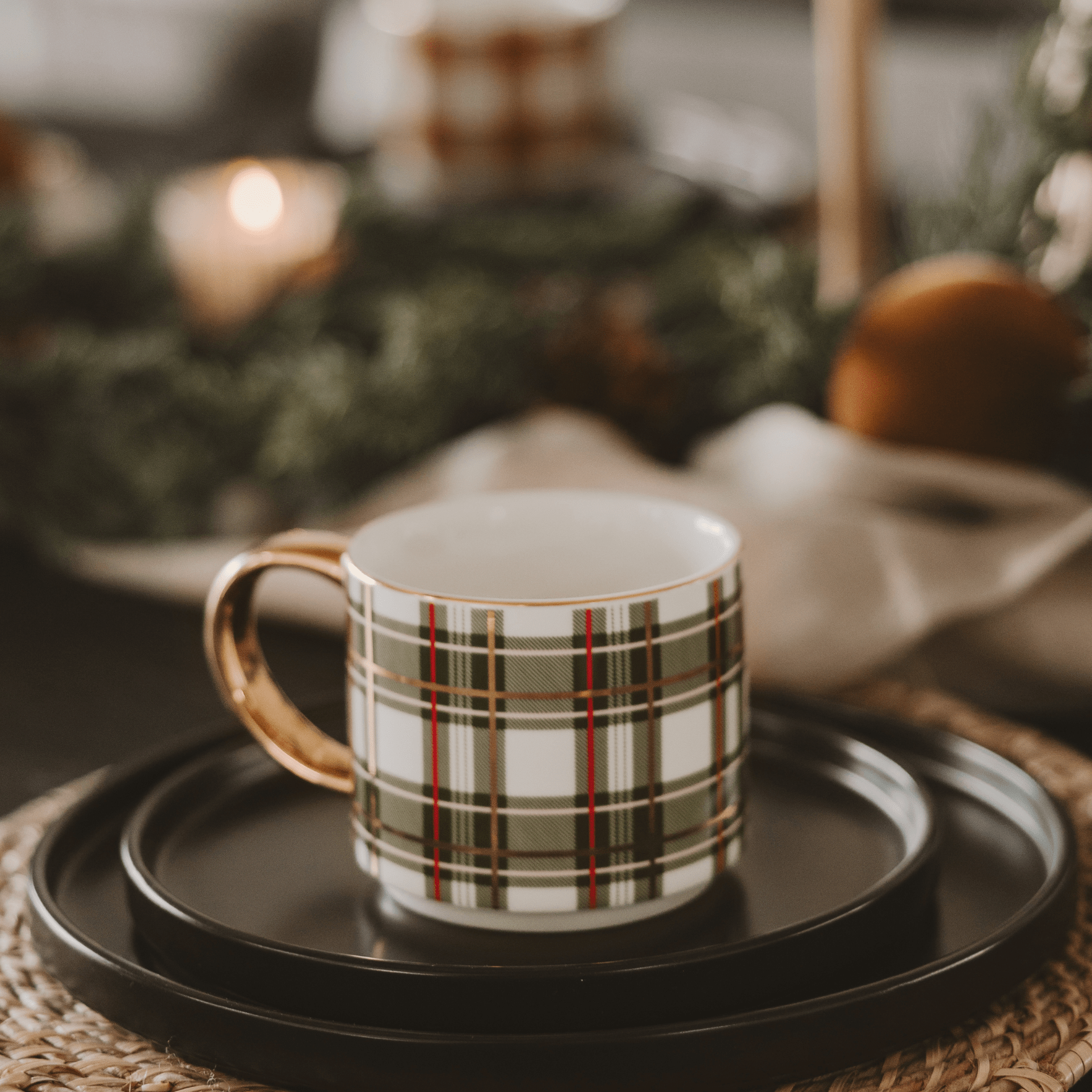 Green Plaid 14oz. Gold Handle Coffee Mug
