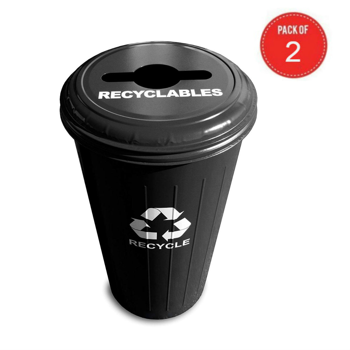 Witt Industries Steel 20-Gallon Recycling Trash Can With Combination Top, Legend ''Recyclables, Recycle'', Round, Black (Pack Of