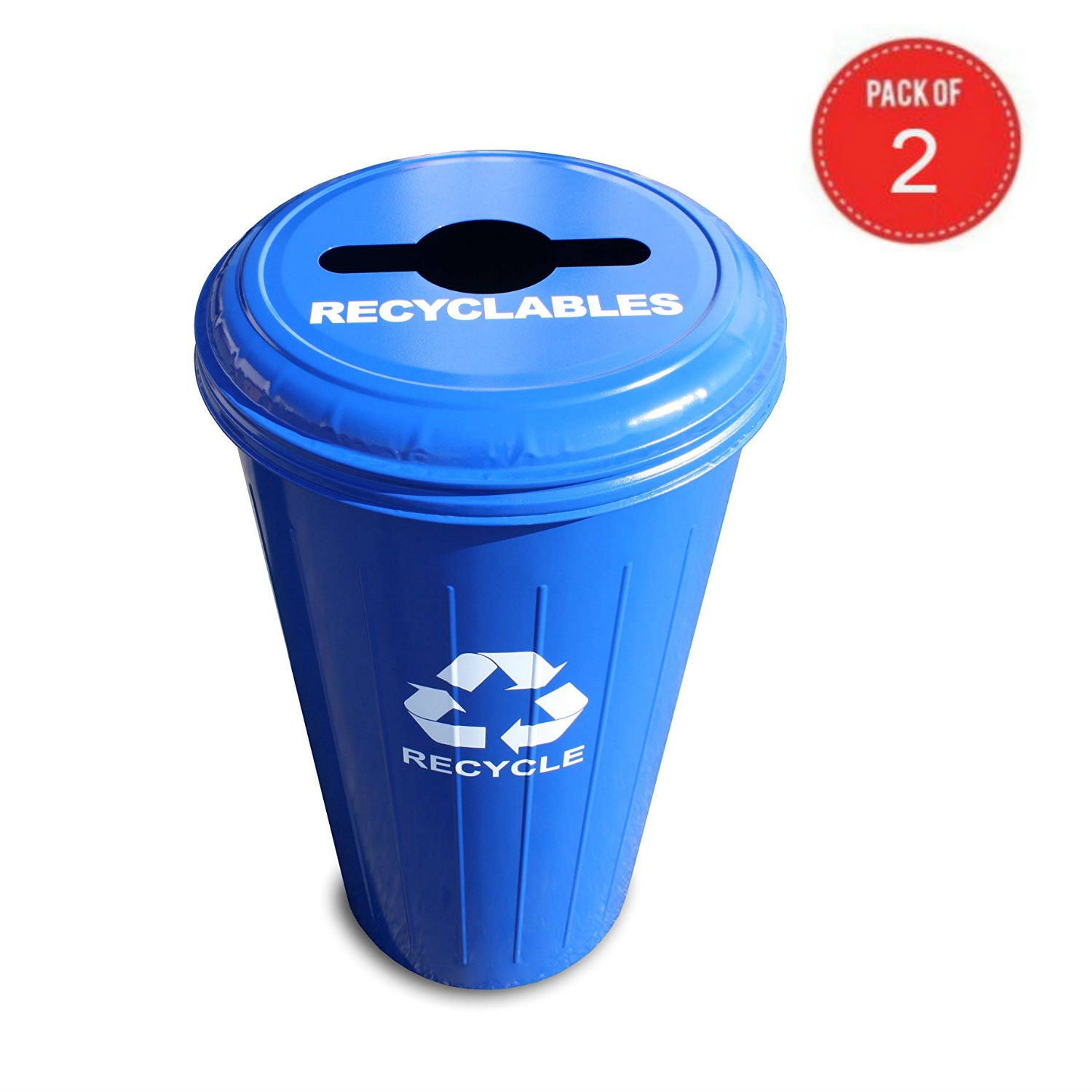 Witt Industries Steel 20-Gallon Recycling Trash Can with Combination Top, Legend Recyclables, Recycle, Round, Dark Blue (Pack of