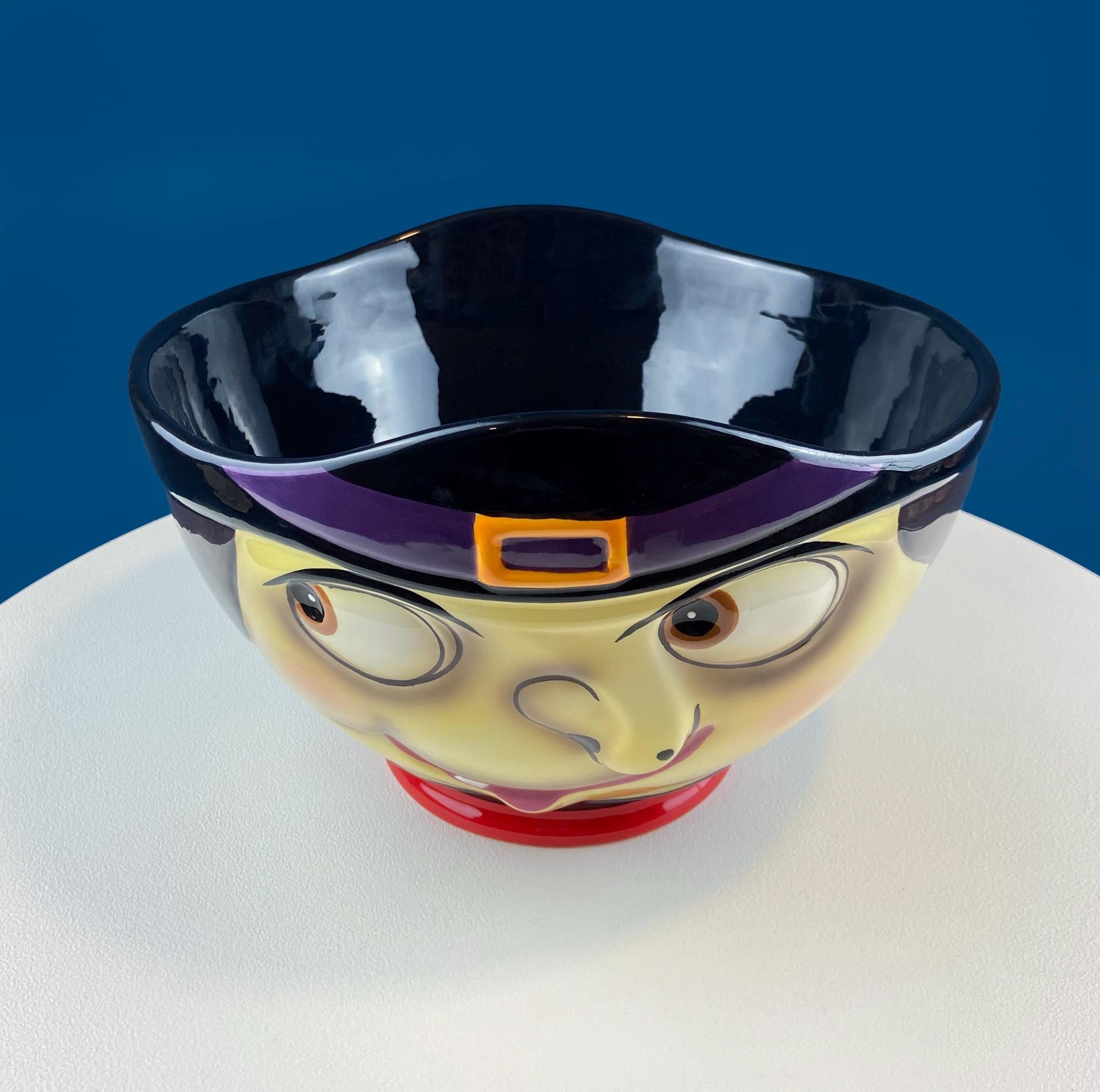 Large 12" Candy Bowl with Grinning Witch for Halloween Candy. Funny Trick or Treat Dish. Unusual Seasonal Fall Home or Retail Decor. Kids Room.