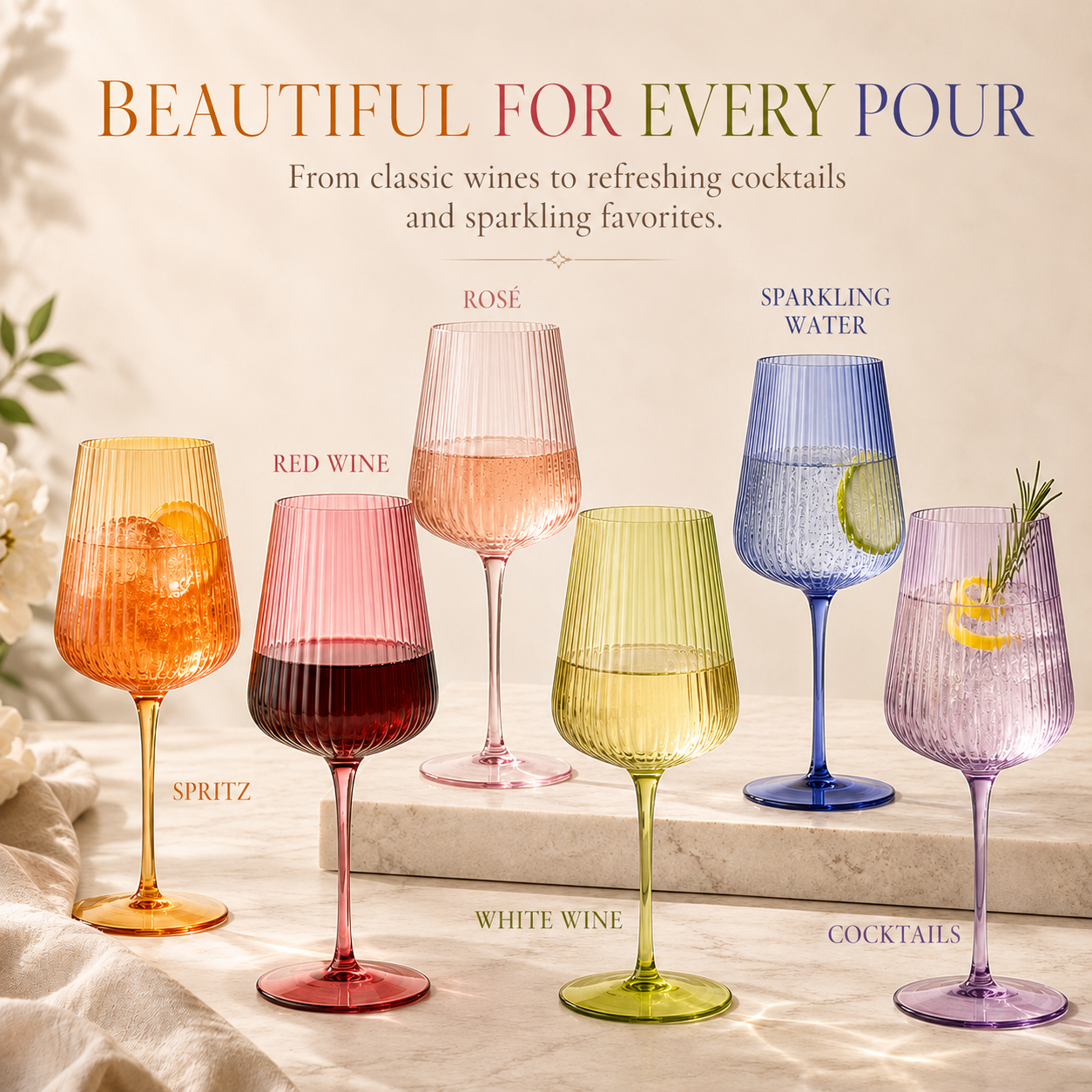 Rhea Ribbed Stemmed Wine Glassware, Set of 6