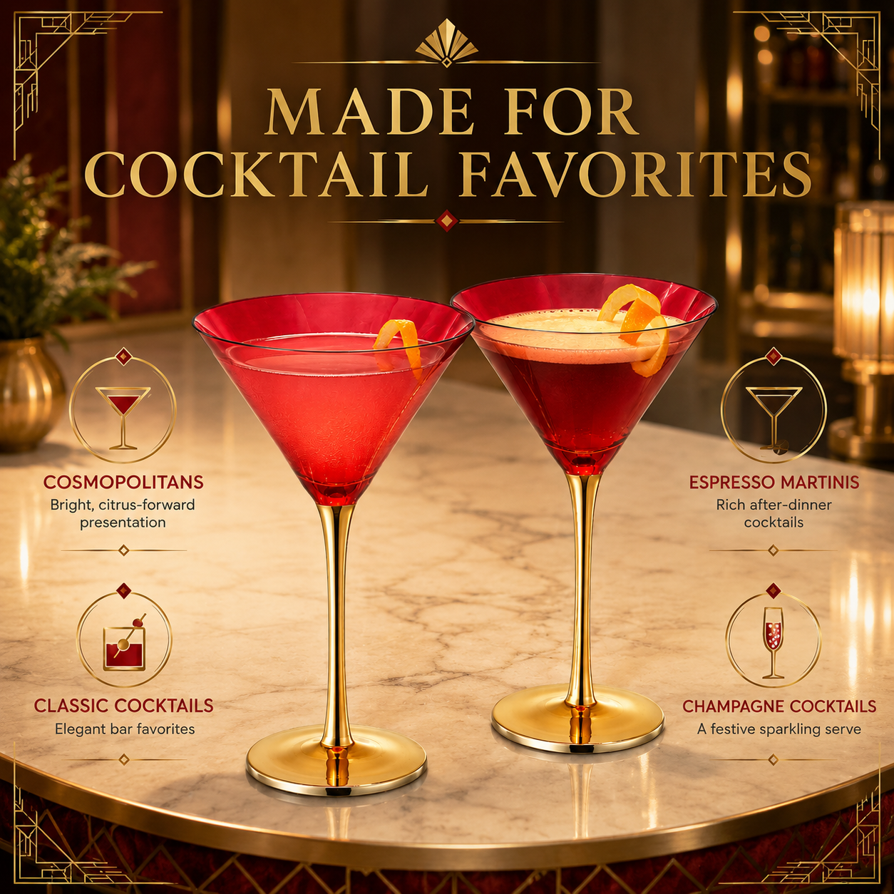 Deco Martini Cocktail Glassware, Set of 2