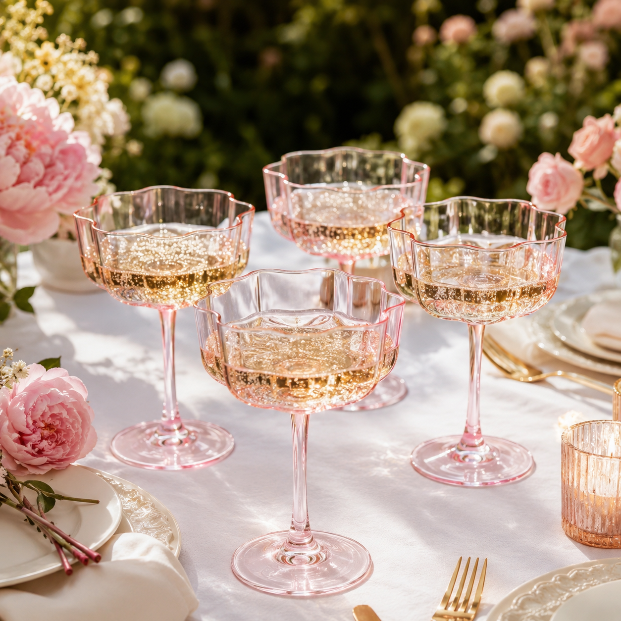 Flower Wave Coupe Cocktail Colored Glasses | Set of 4 | Blush Pink
