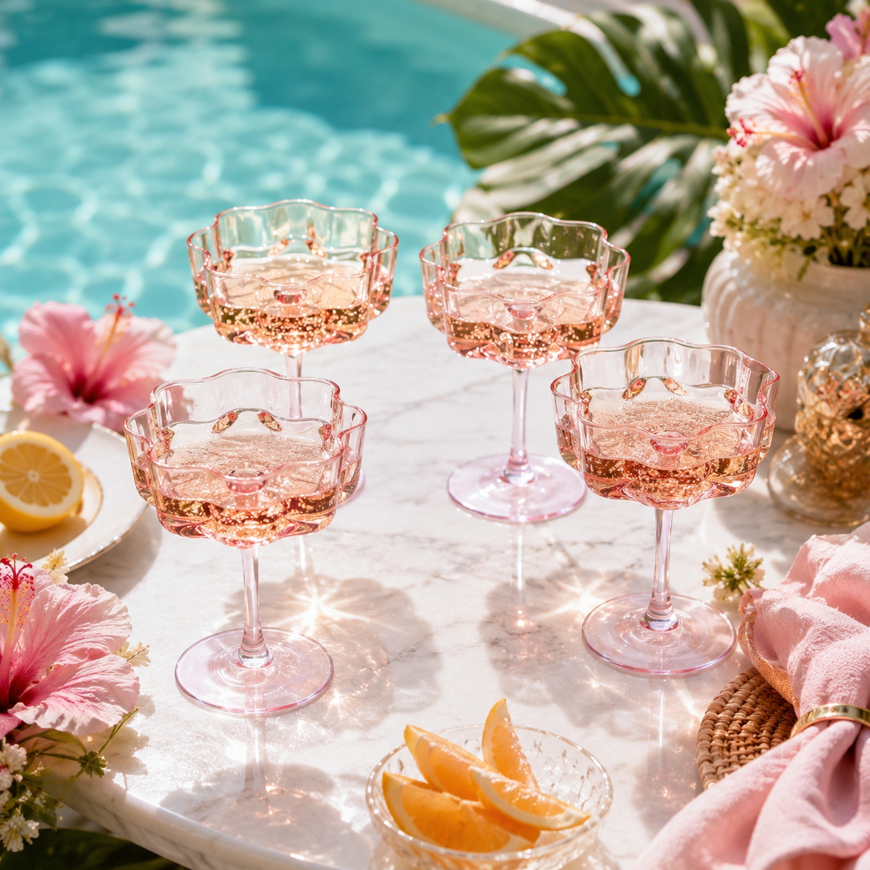 Flower Wave Coupe Cocktail Colored Glasses | Set of 4 | Blush Pink