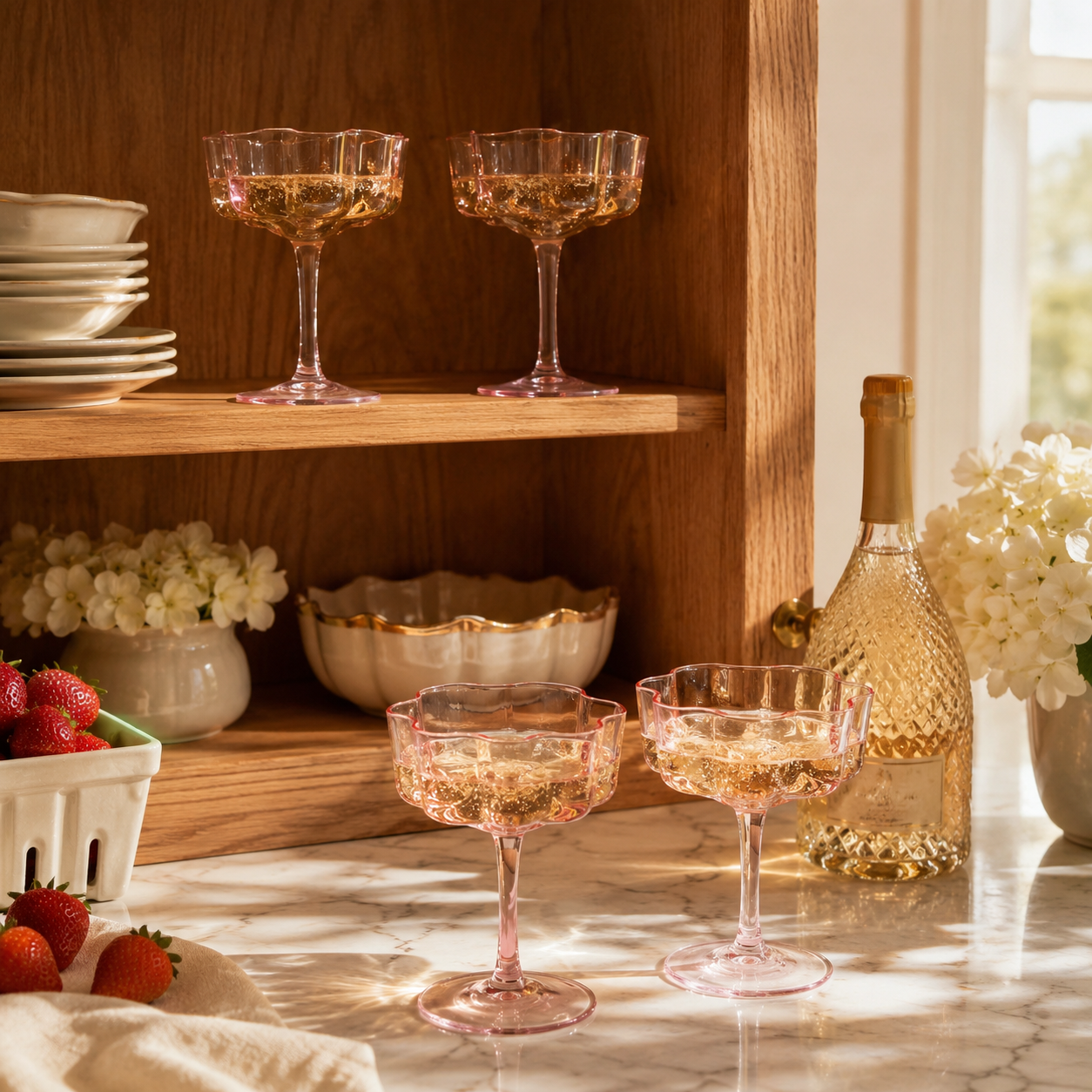 Flower Wave Coupe Cocktail Colored Glasses | Set of 4 | Blush Pink