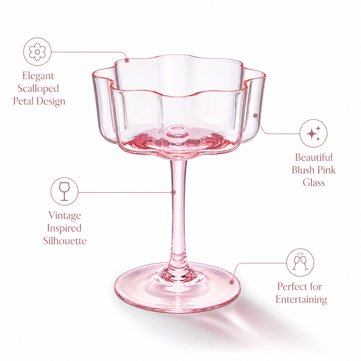 Flower Wave Coupe Cocktail Colored Glasses | Set of 4 | Blush Pink