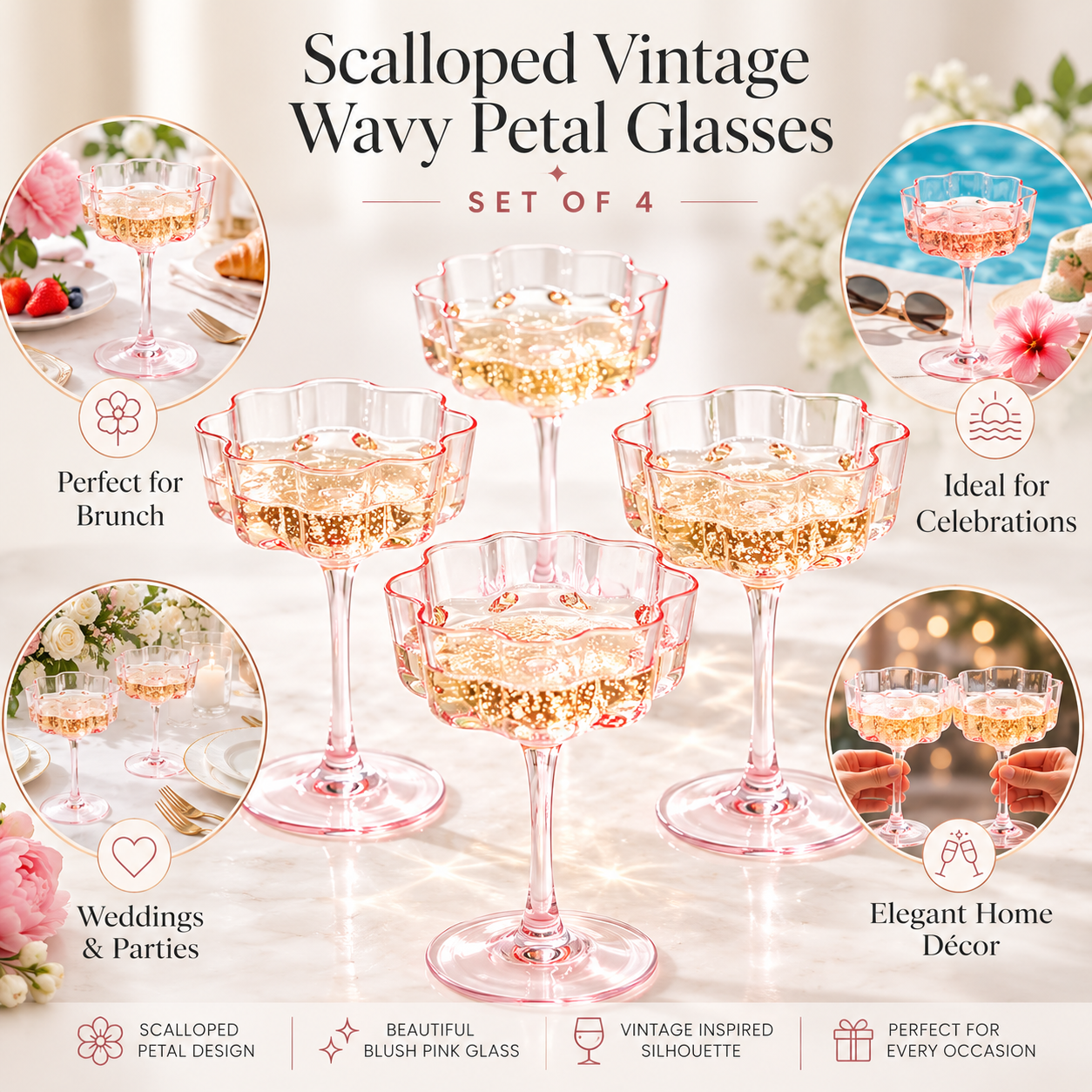 Flower Wave Coupe Cocktail Colored Glasses | Set of 4 | Blush Pink