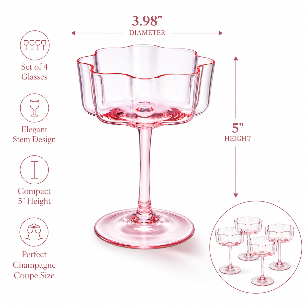 Flower Wave Coupe Cocktail Colored Glasses | Set of 4 | Blush Pink