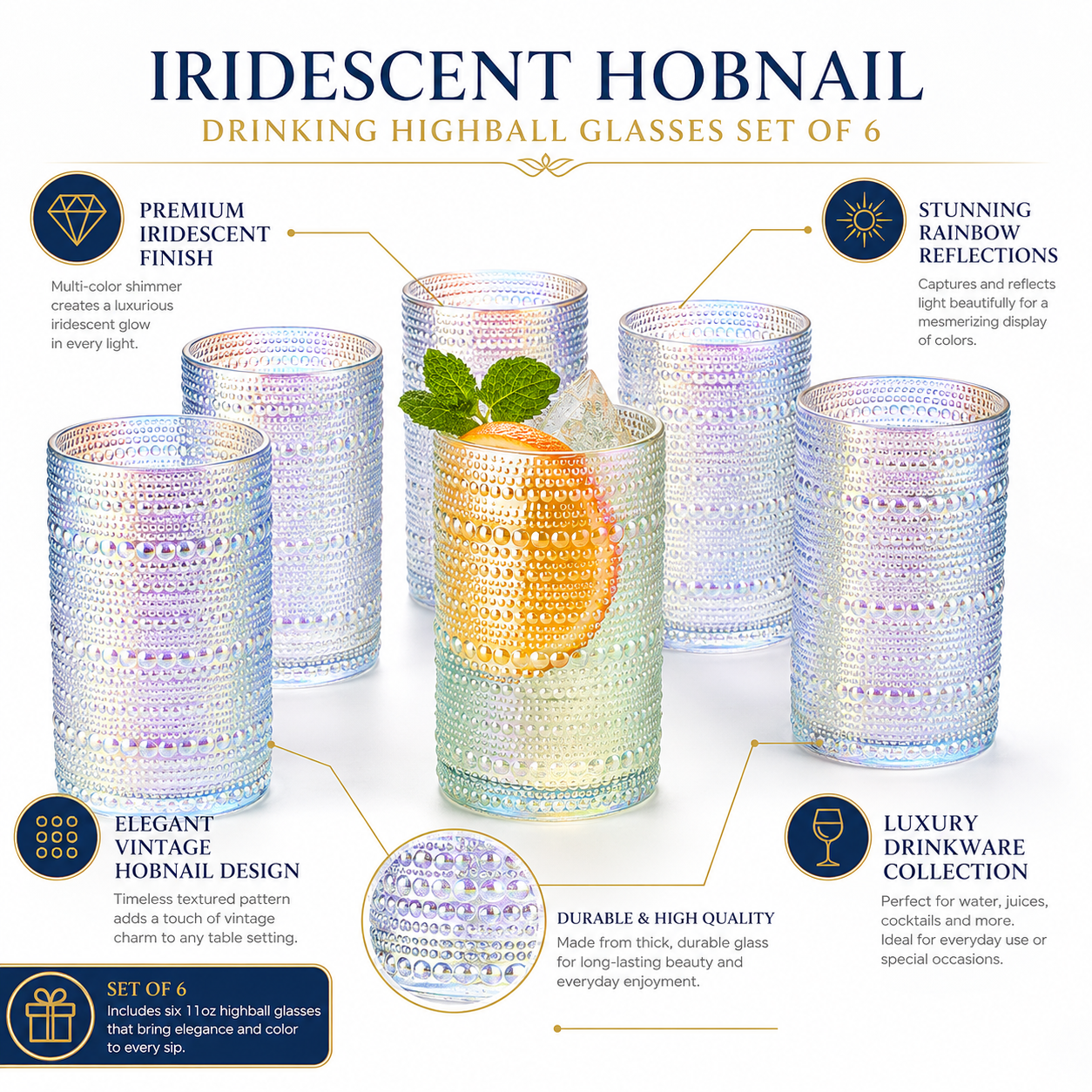 Classica Hobnail Highball Glassware, Set of 6