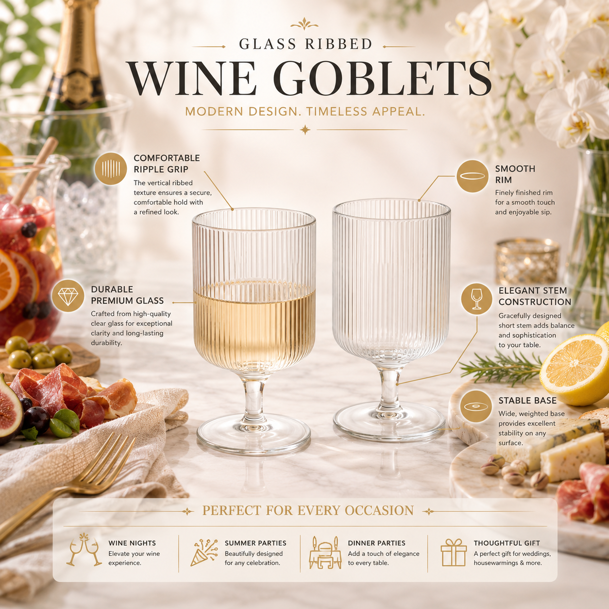 Khen Textured Clear Glass Ribbed Modern Elegant Wine Goblets | Set of 2
