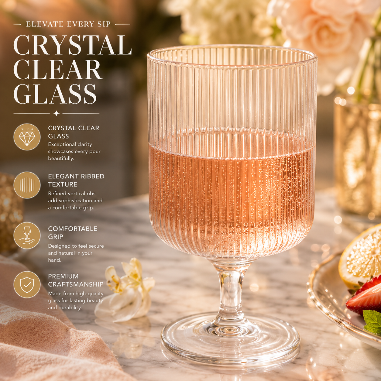 Khen Textured Clear Glass Ribbed Modern Elegant Wine Goblets | Set of 2