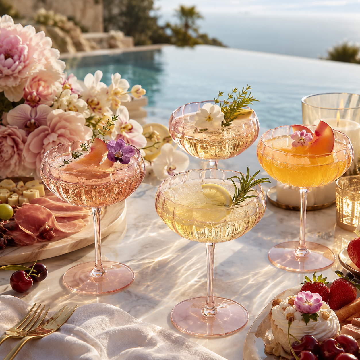 Flower Wave Champagne Coupe Cocktail Glassware, Set of 4