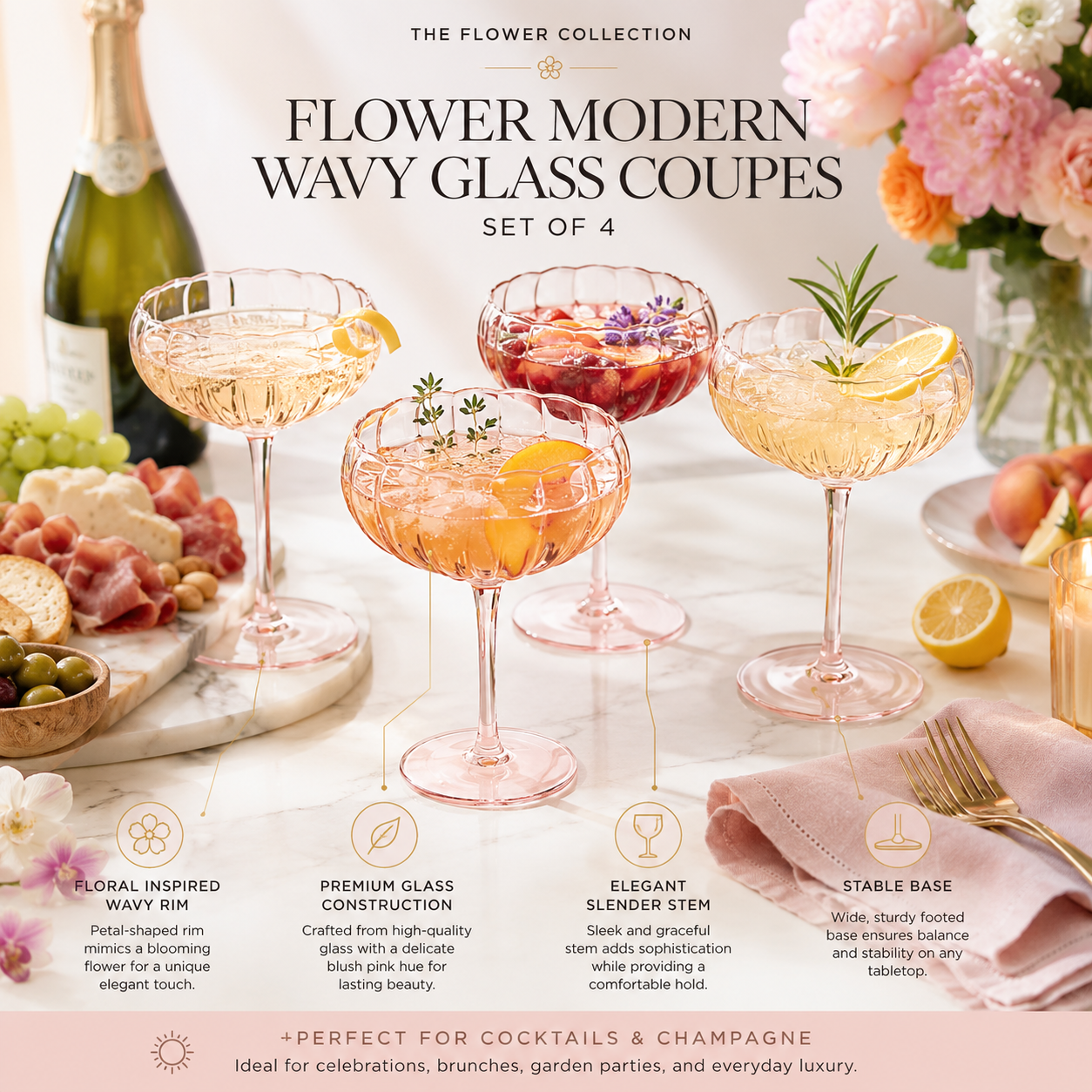 Flower Wave Champagne Coupe Cocktail Glassware, Set of 4