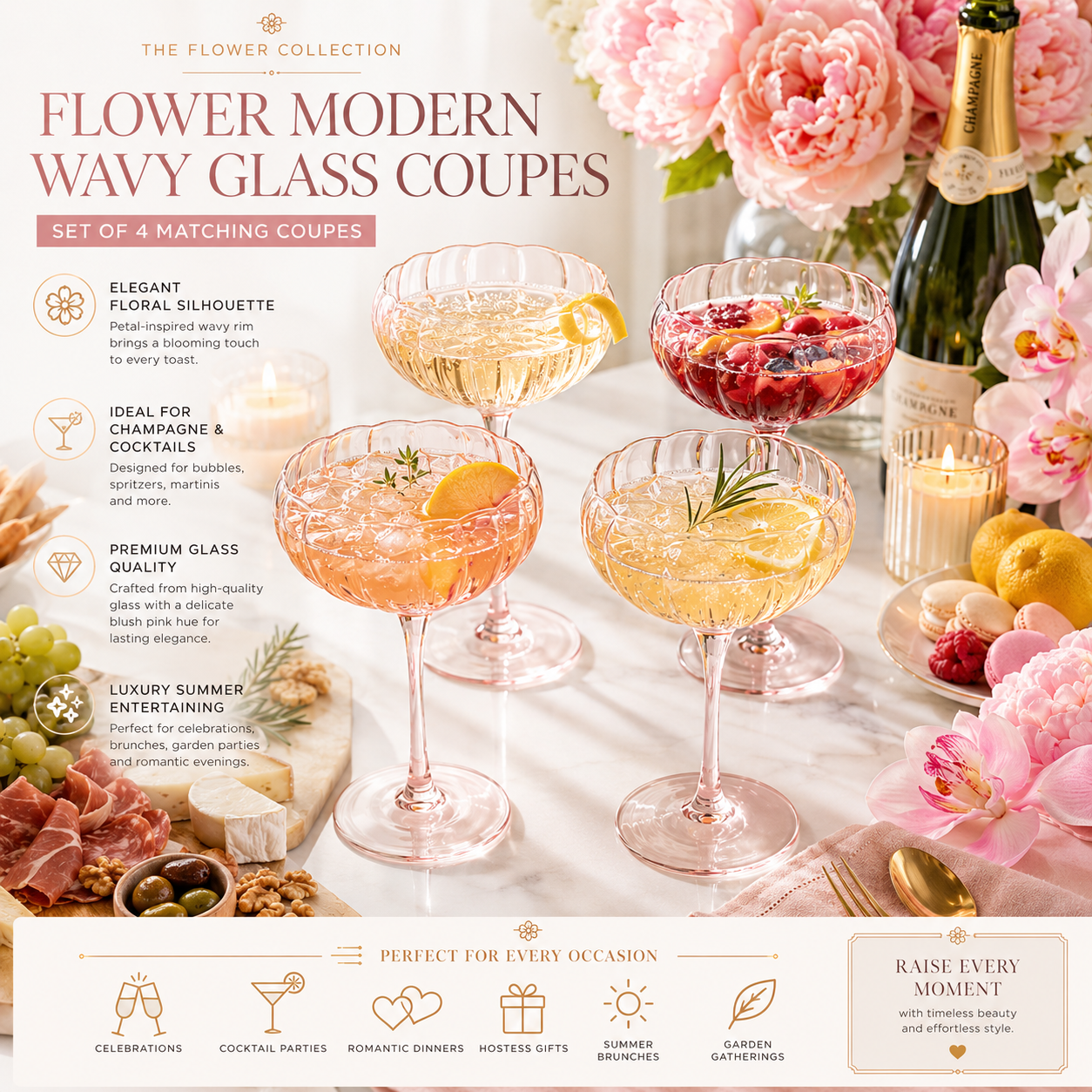 Flower Wave Champagne Coupe Cocktail Glassware, Set of 4