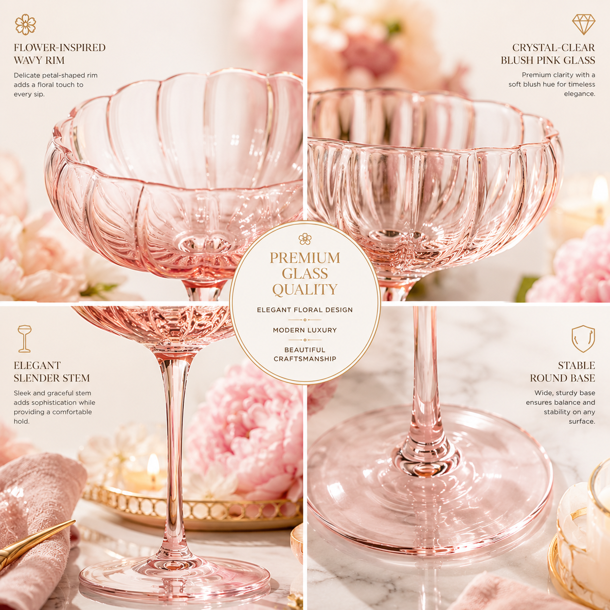 Flower Wave Champagne Coupe Cocktail Glassware, Set of 4
