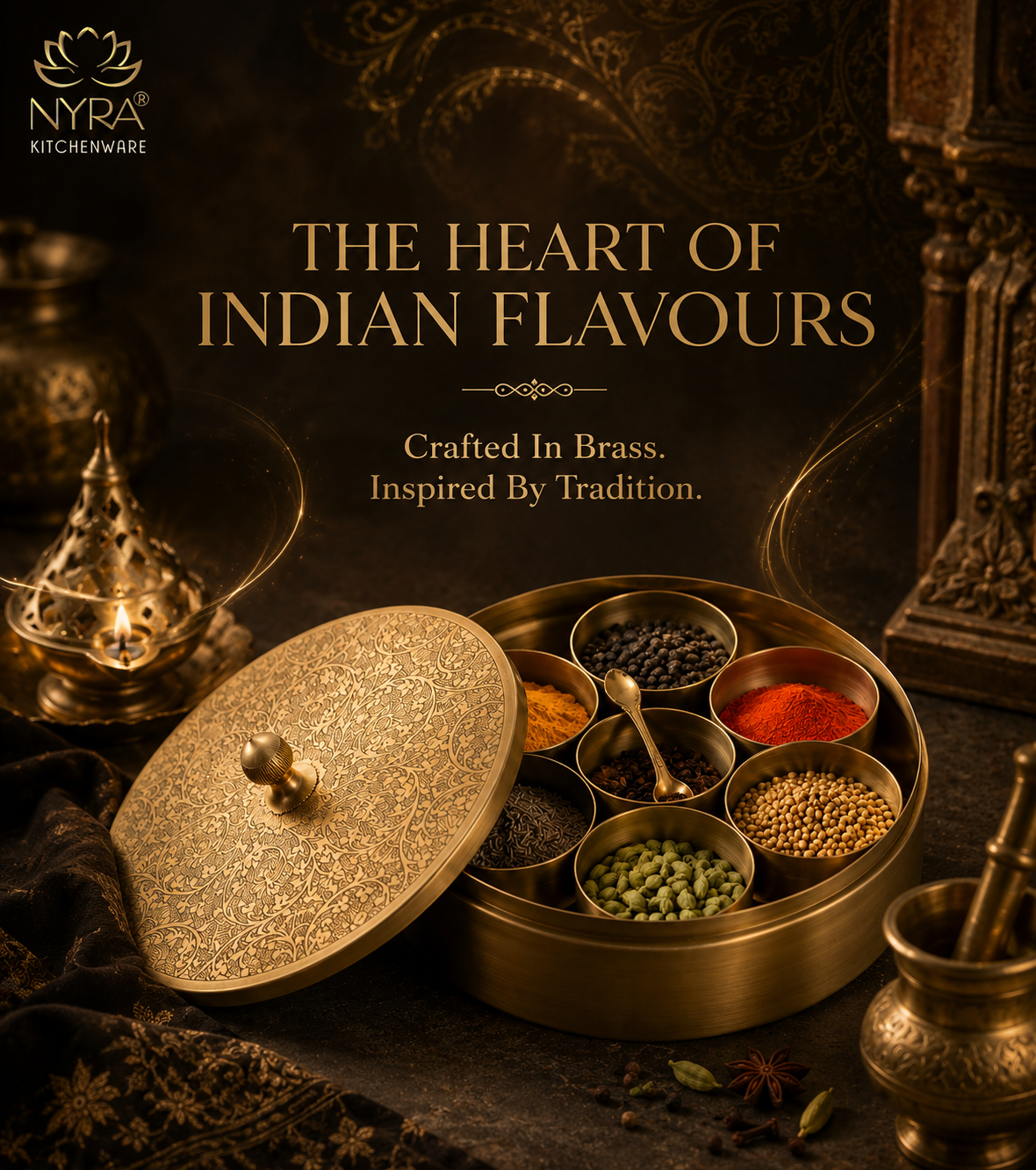 quality Brass Spice Box with 7 Compartments & Spoon | Authentic Indian Masala Dabba - Handcrafted Embossed Lid Masaldani | Eco-Friendly Peetal Storage for Kitchen