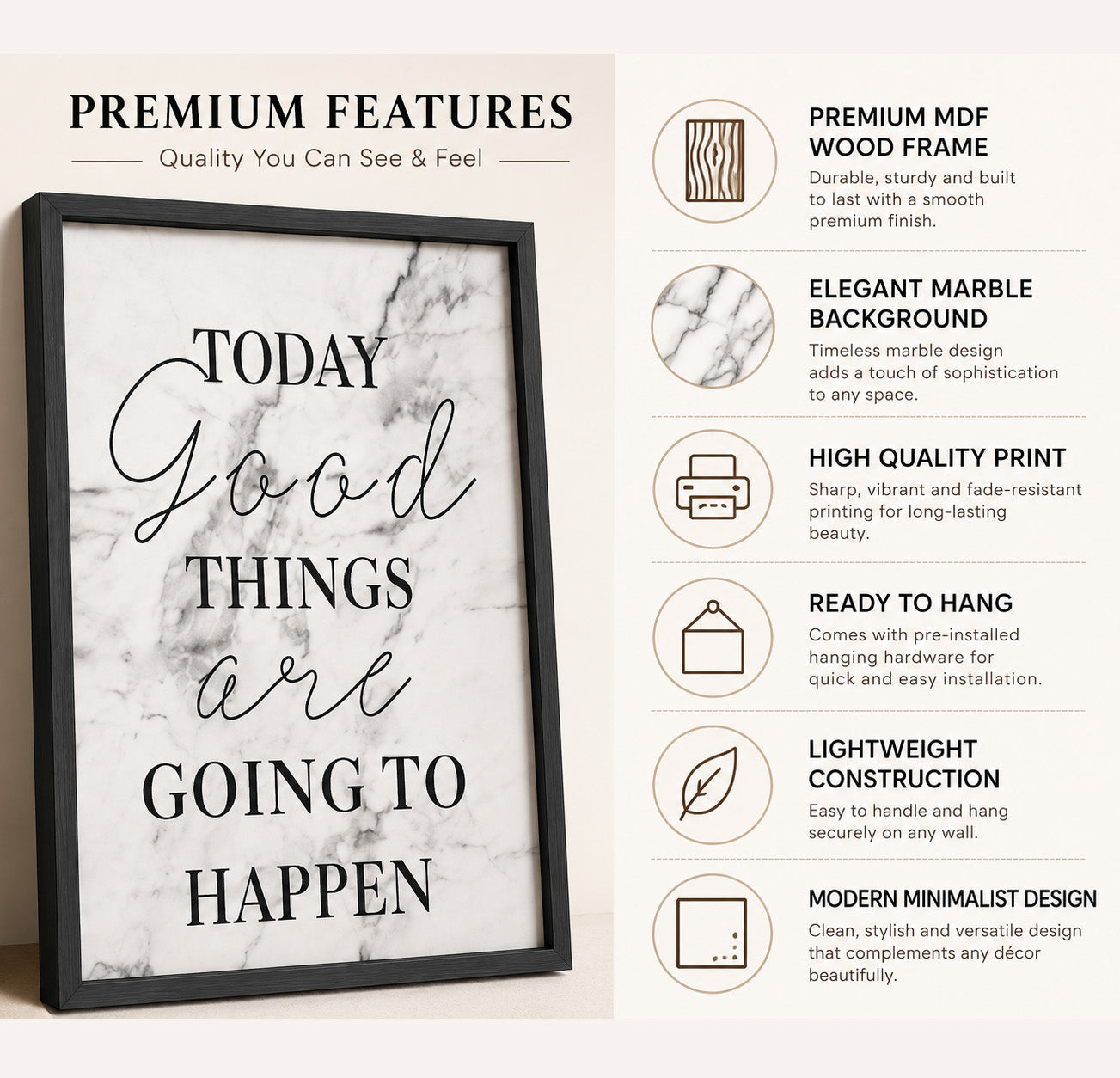 Boho Wall Décor - Framed Motivational Wall Art with Marble Aesthetic