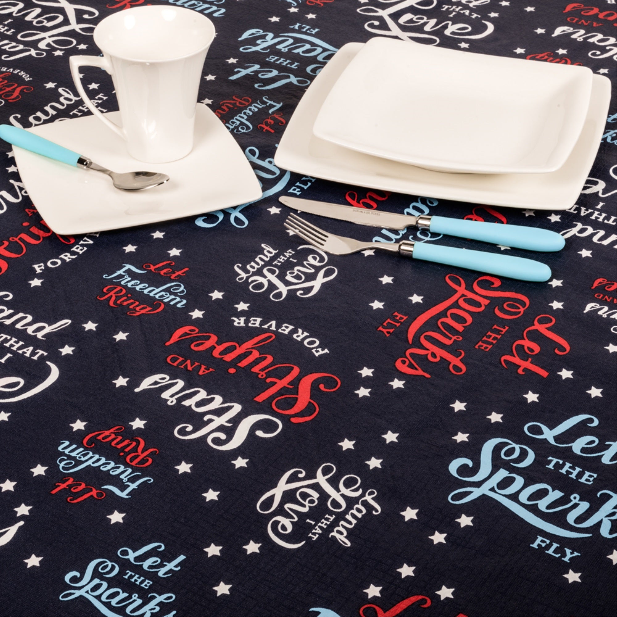 'Patriotic Stripe'' 52''x90'' vinyl flannel backed tablecloth