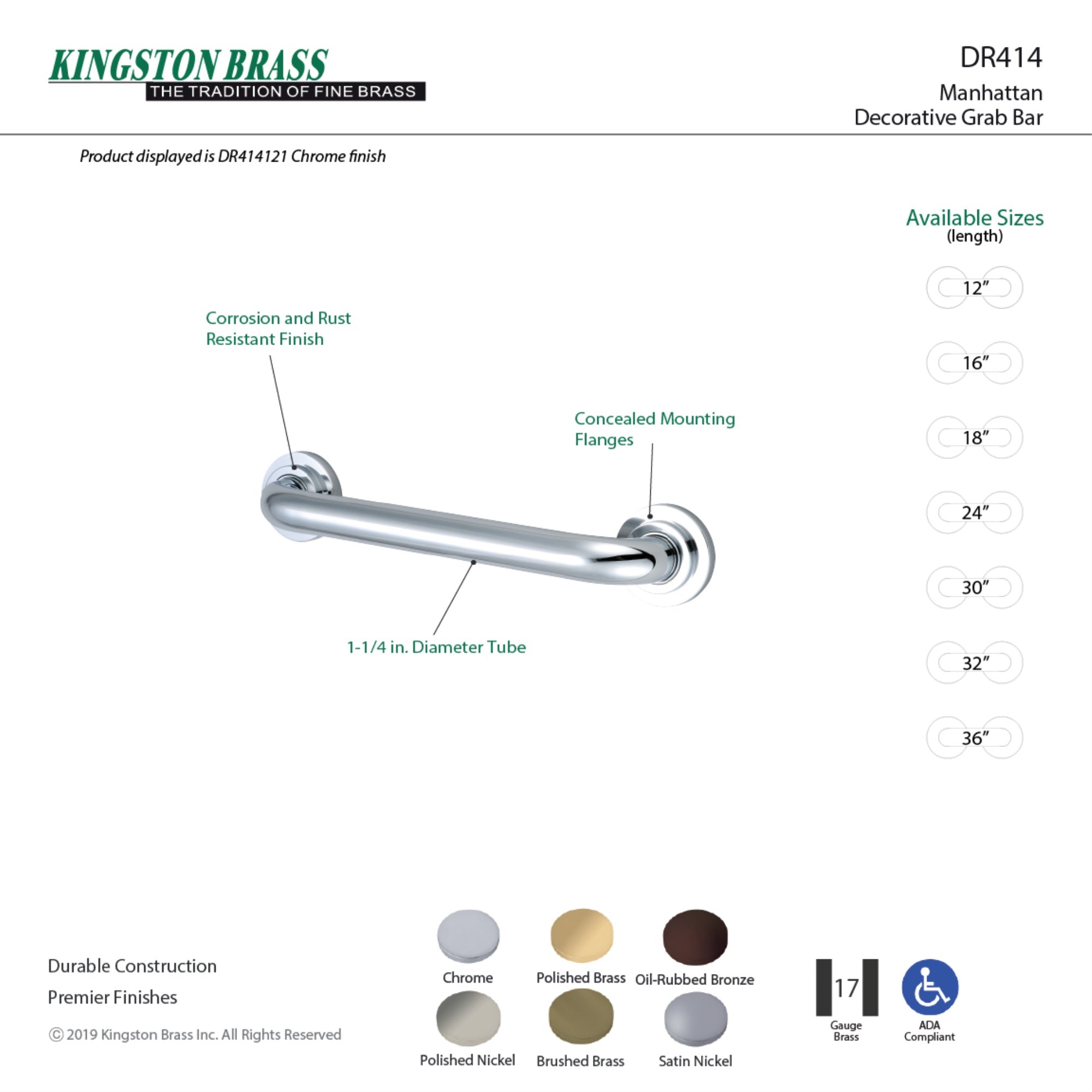 Kingston Brass Dr414188 Manhattan 18'' Grab Bar, Brushed Nickel