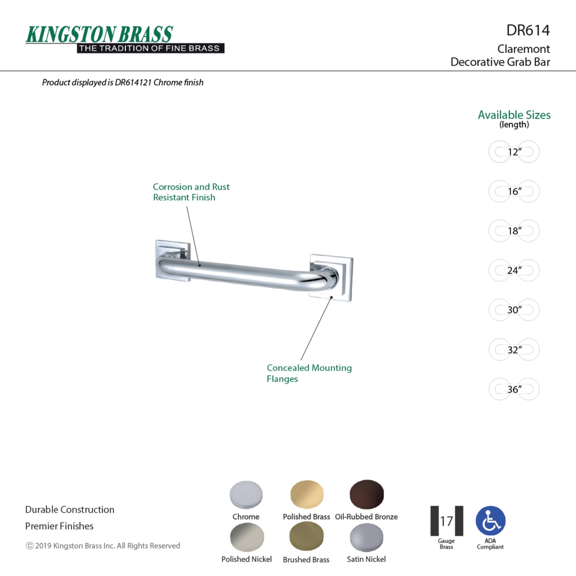 Kingston Brass DR614128 Claremont 12'' Grab Bar  Brushed Nickel