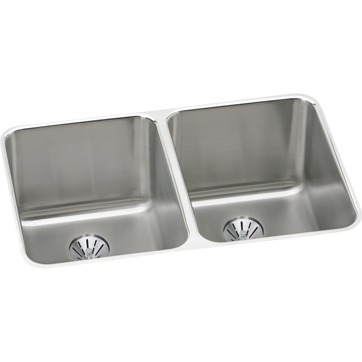 Elkay Lustertone Stainless Steel 31-1/4'' X 20'' X 7-7/8'', Equal Double Bowl Undermount Sink With Perfect Drain