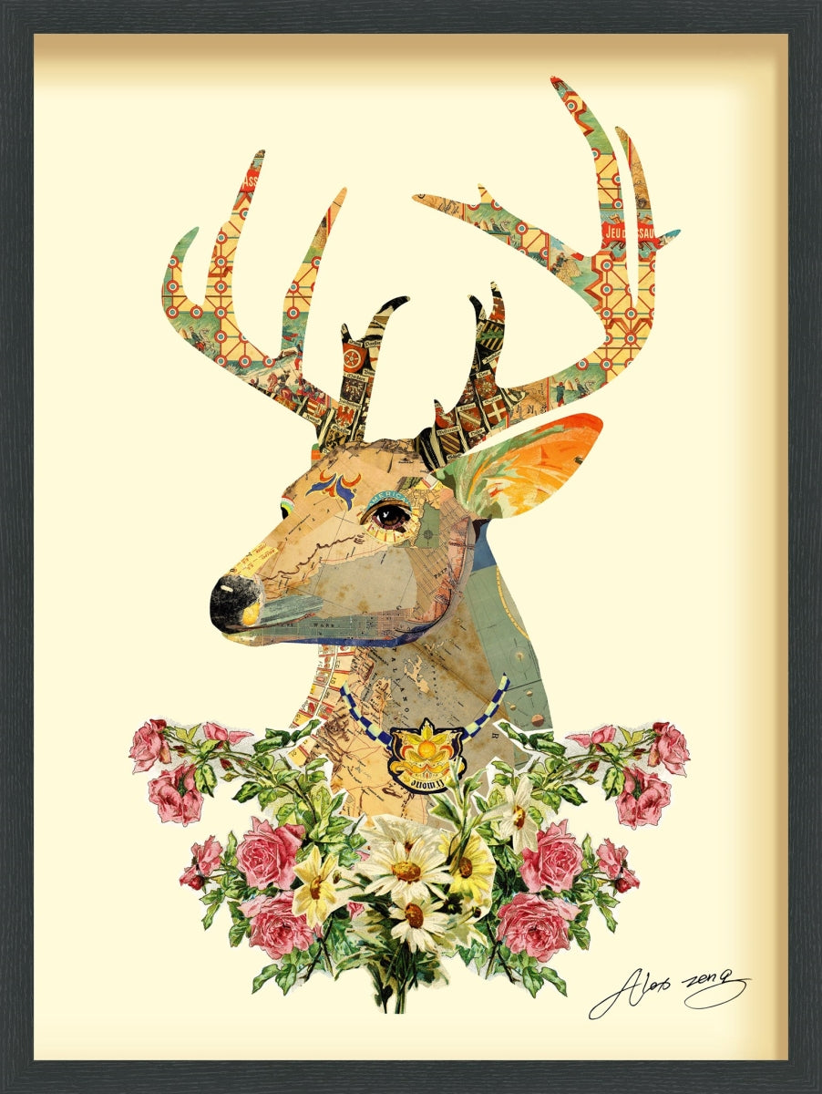 Empire Art Direct &Apos;Mrs. Deer&Apos; Alex Zeng&Apos;S Dimensional Collage,Under Glass &Amp; A Black Shadow Box Frame