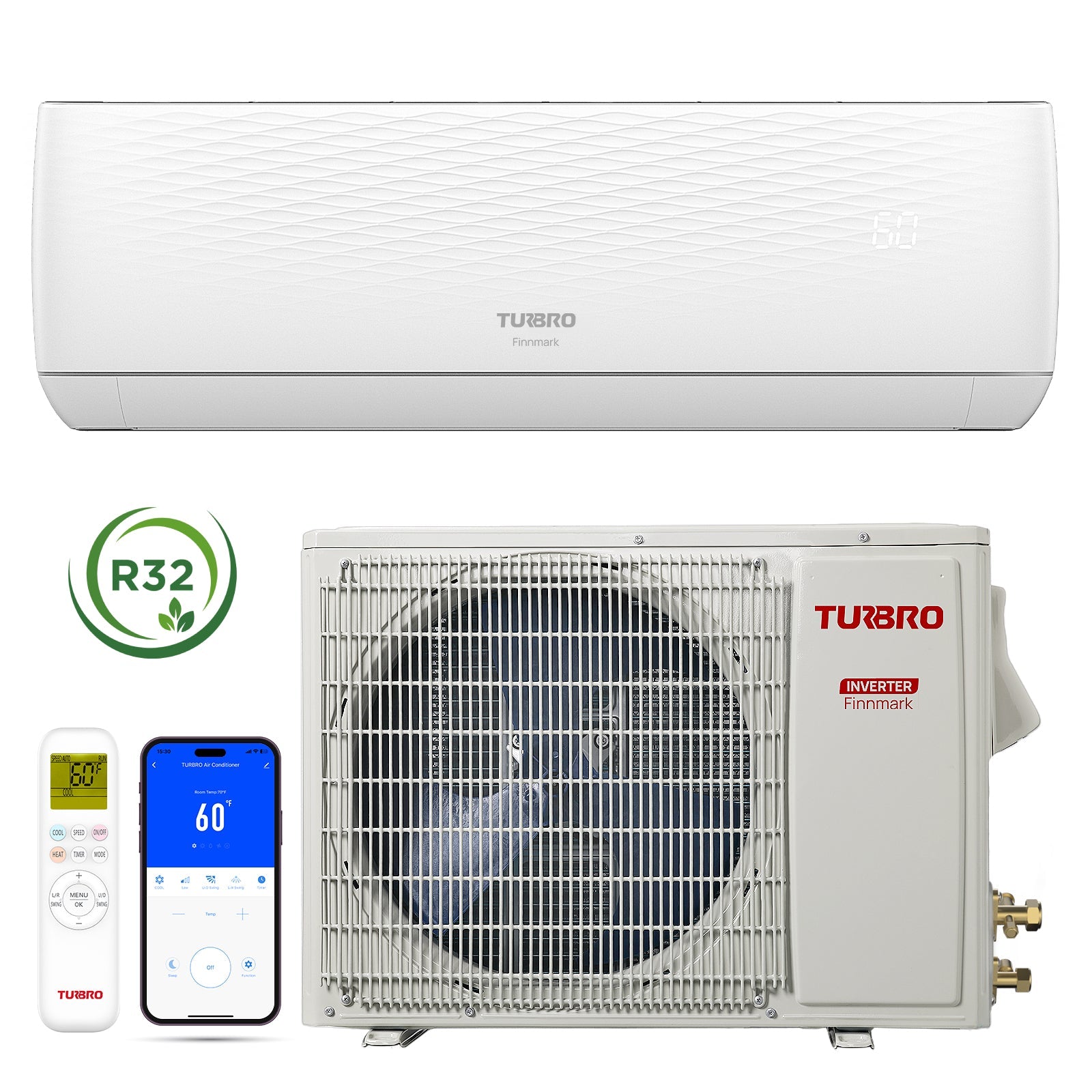 Finnmark 12,000 BTU WiFi Ductless Mini Split AC with Heat Pump, 115V/230V (R32)