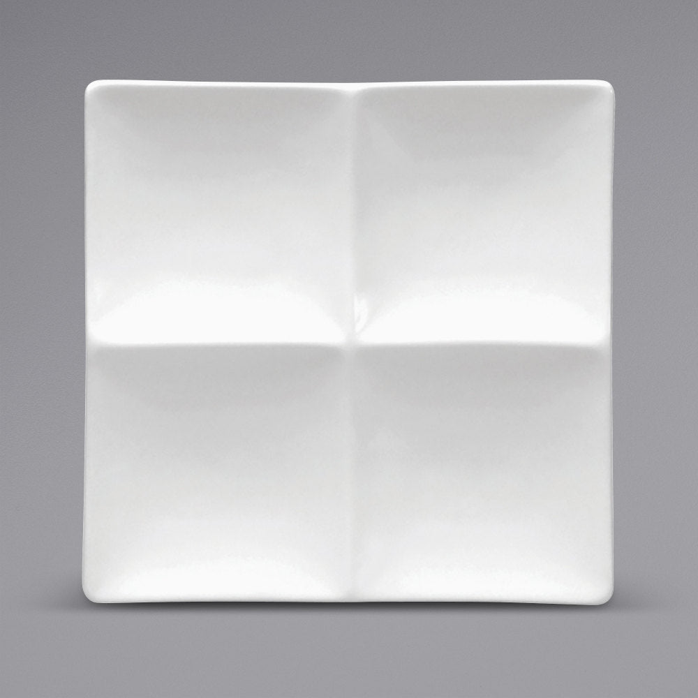 Buffalo F8010000945 8 x 8 in. Bright White Ware Rolled Edge Square 4-Compartment Porcelain Platter