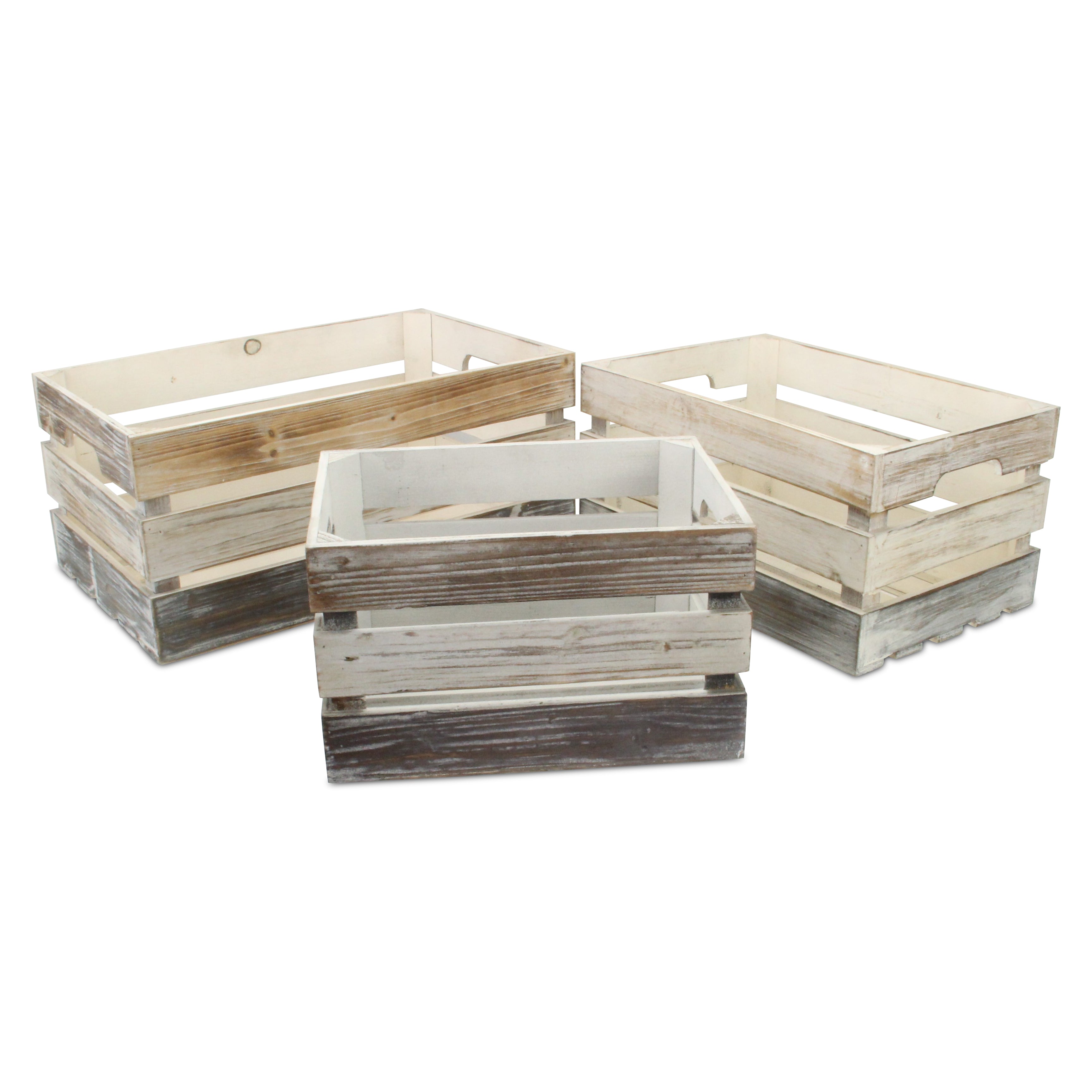 Feliciana Set Of 3 Rectangular Wood Slat Crates - Tricolor