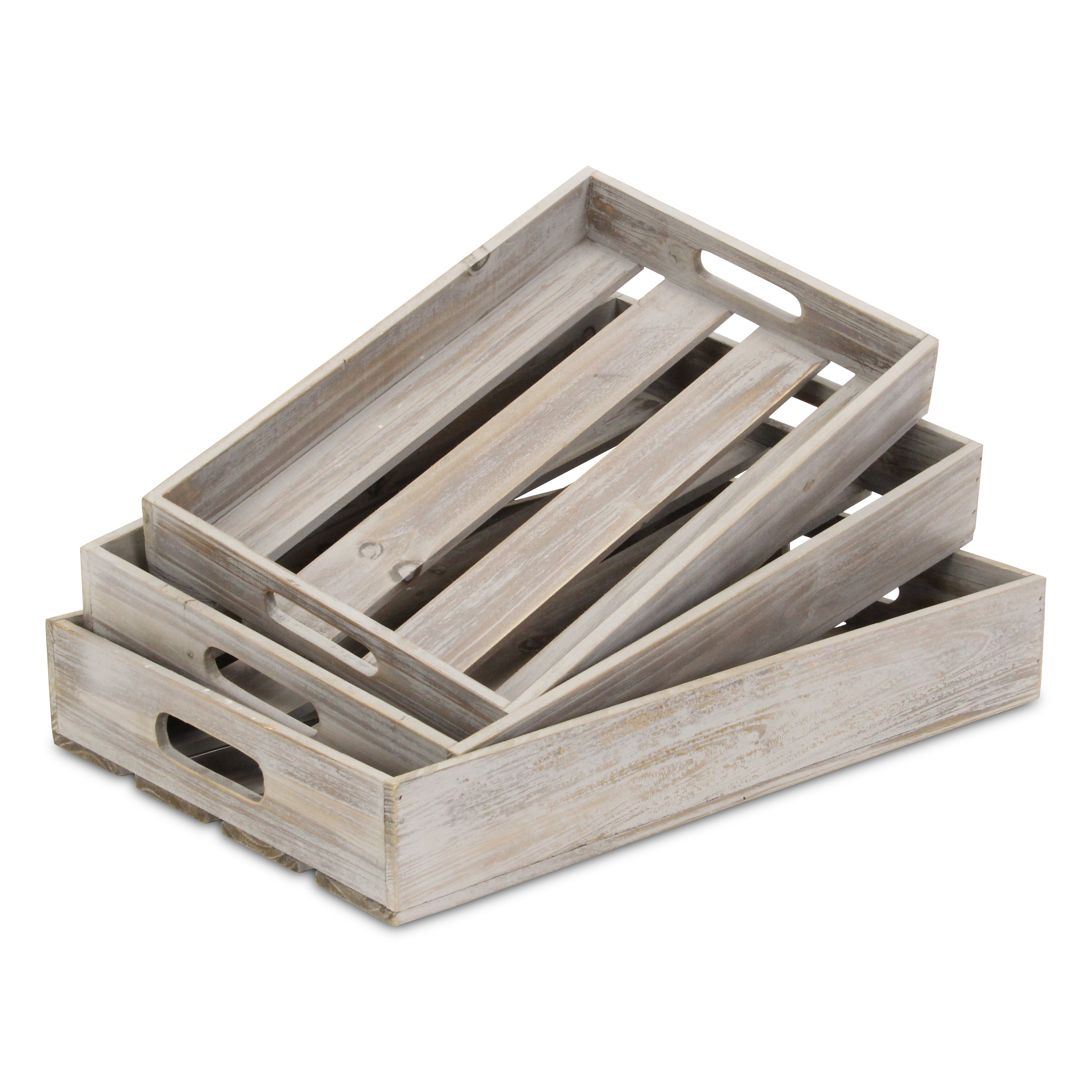 Nora Set Of 3 Slatted Wood Trays - Gray Wash