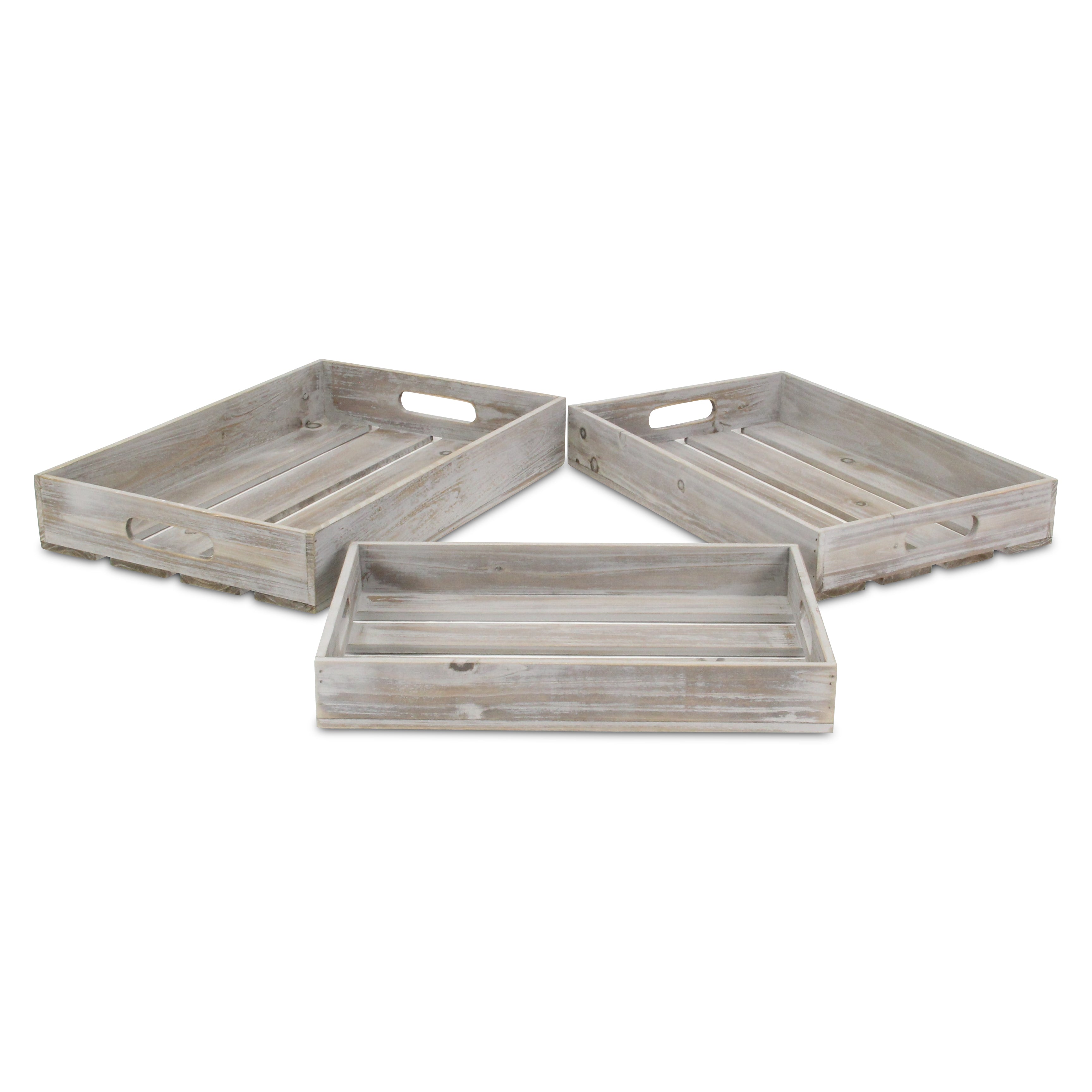 Nora Set Of 3 Slatted Wood Trays - Gray Wash