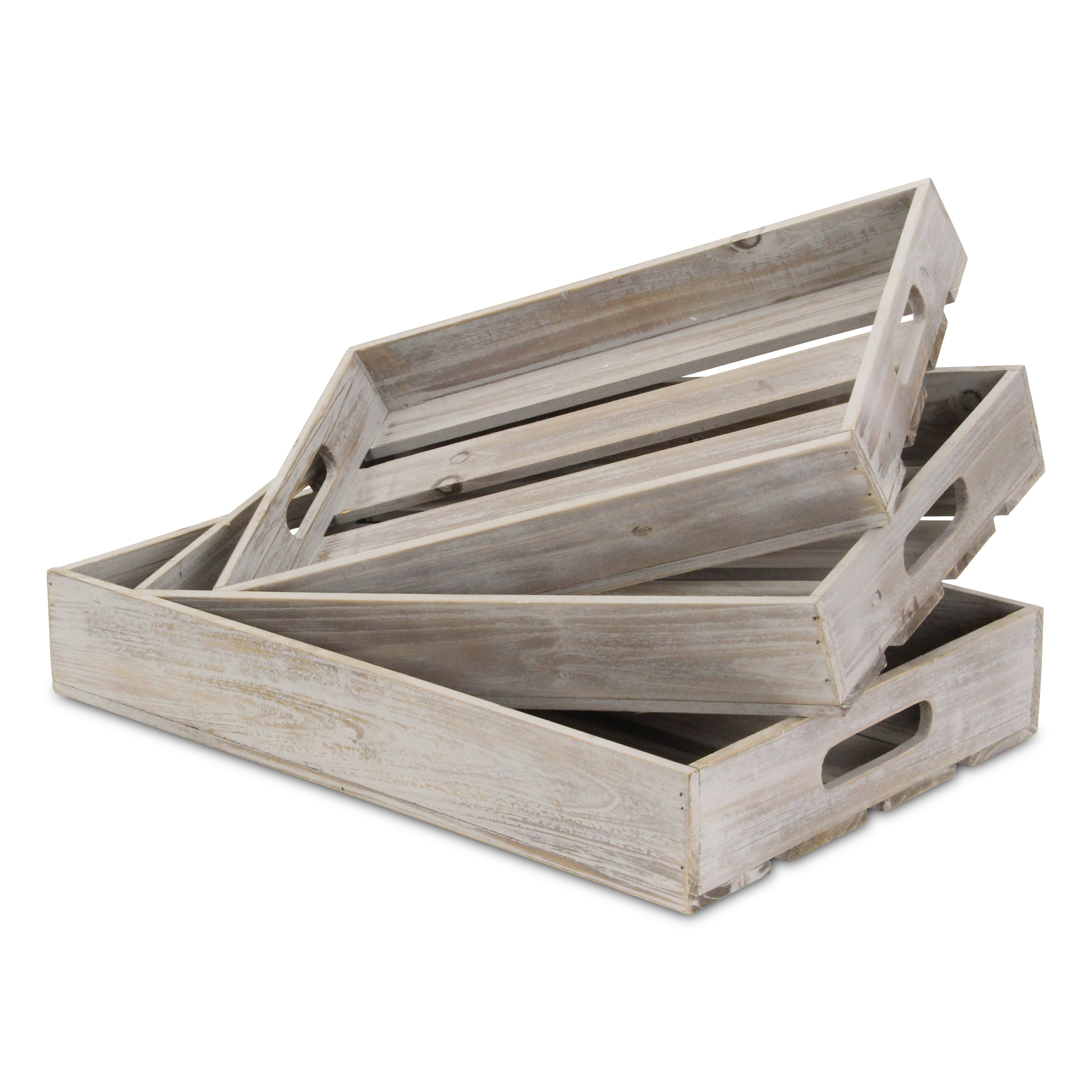 Nora Set Of 3 Slatted Wood Trays - Gray Wash
