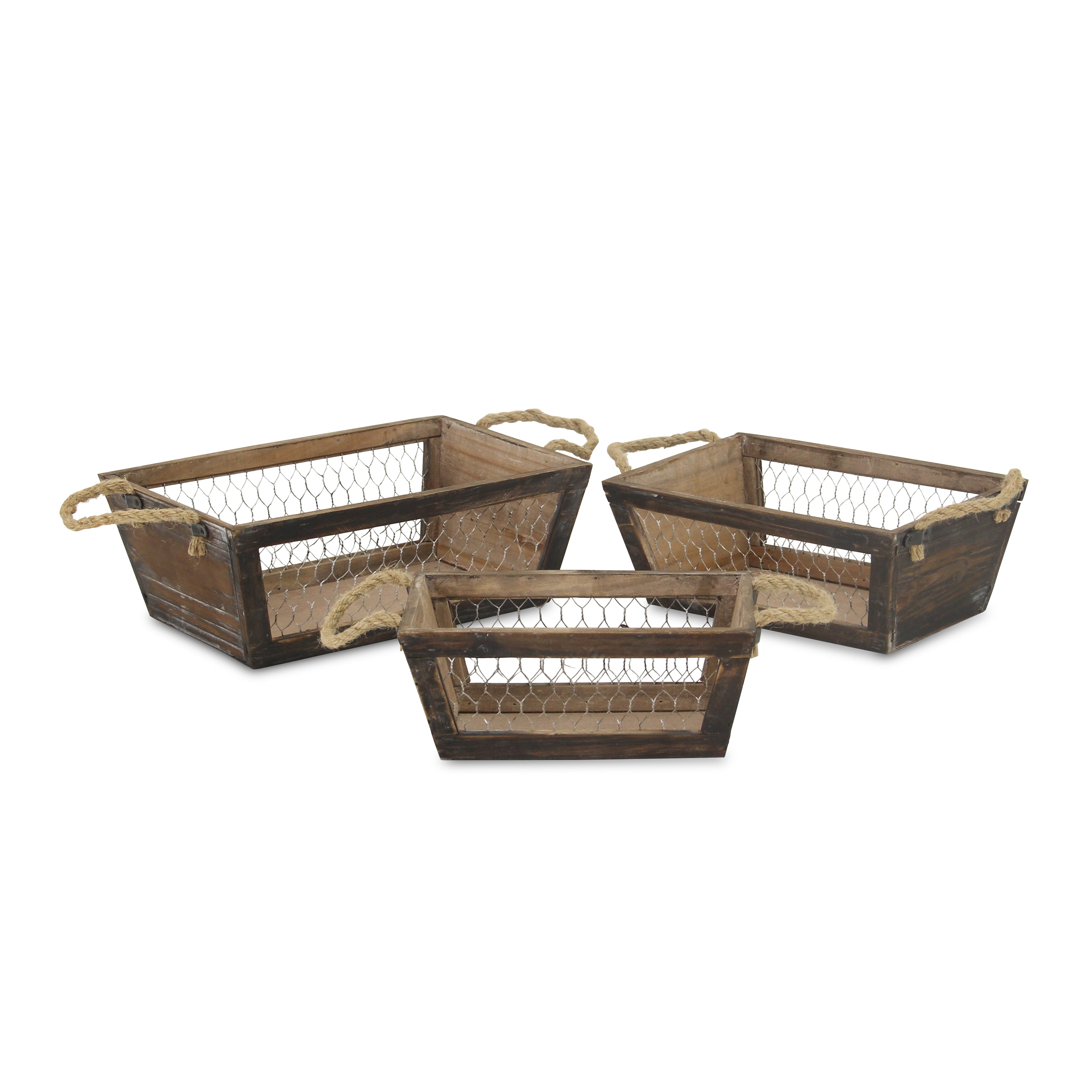 Irona Set Of 3 Tapered Wood & Wire Crates - Brown