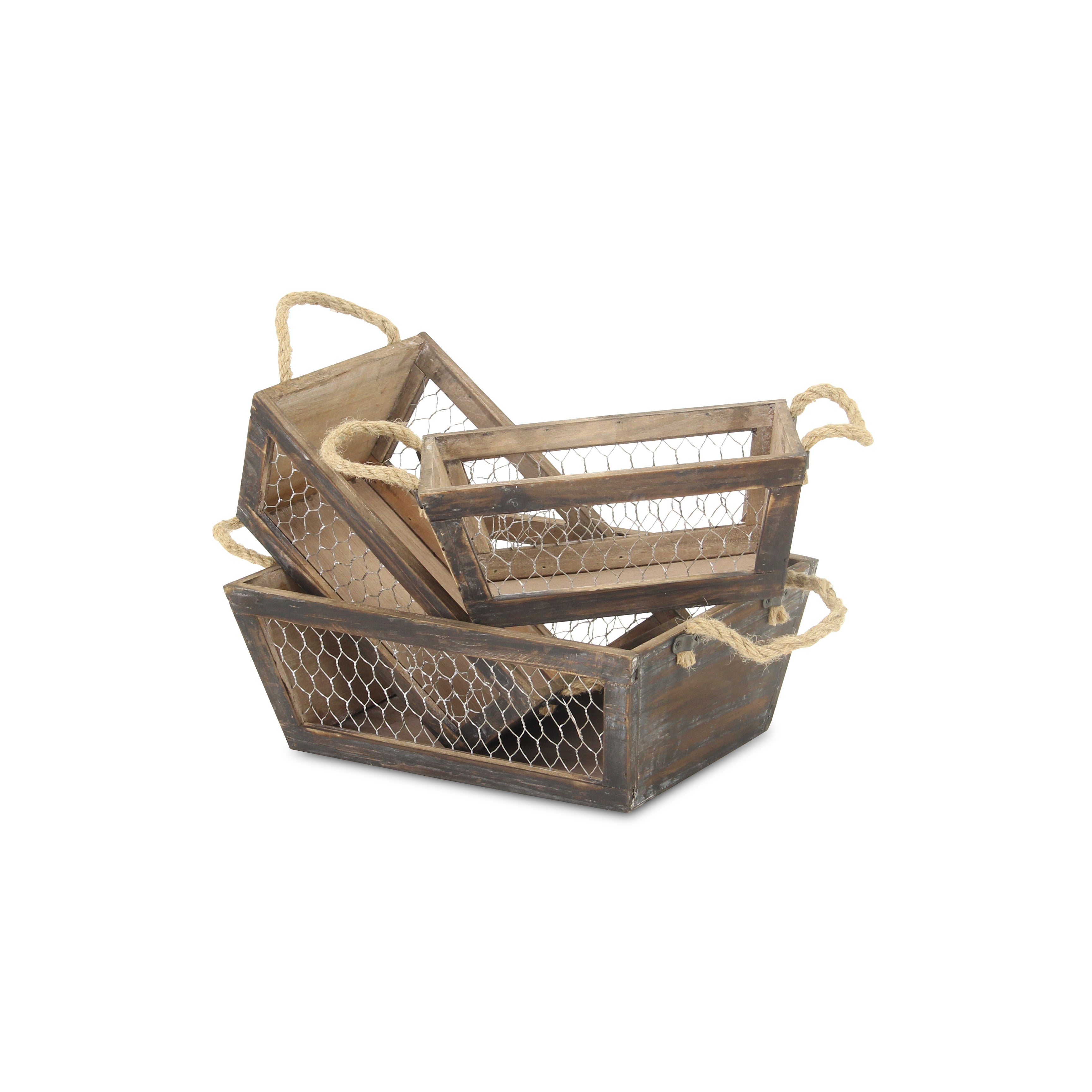Irona Set Of 3 Tapered Wood & Wire Crates - Brown