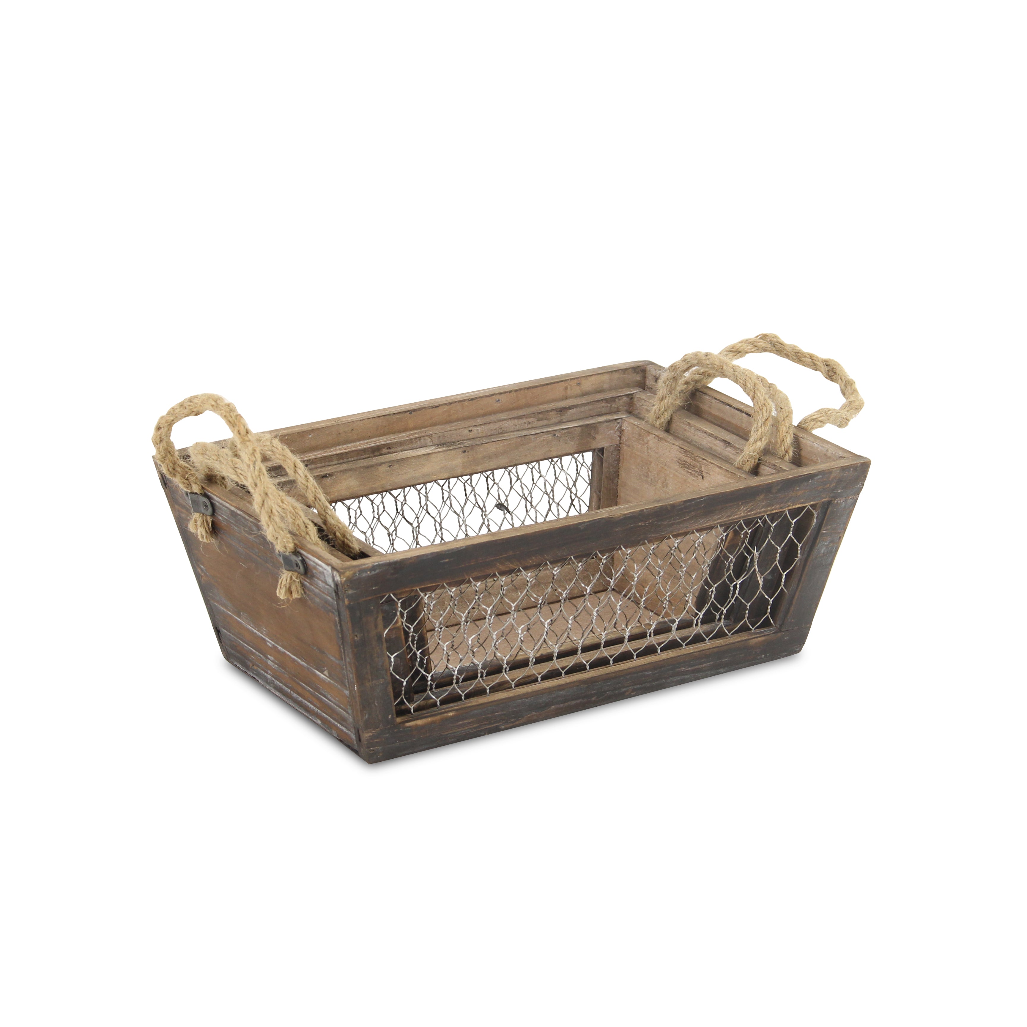 Irona Set Of 3 Tapered Wood & Wire Crates - Brown