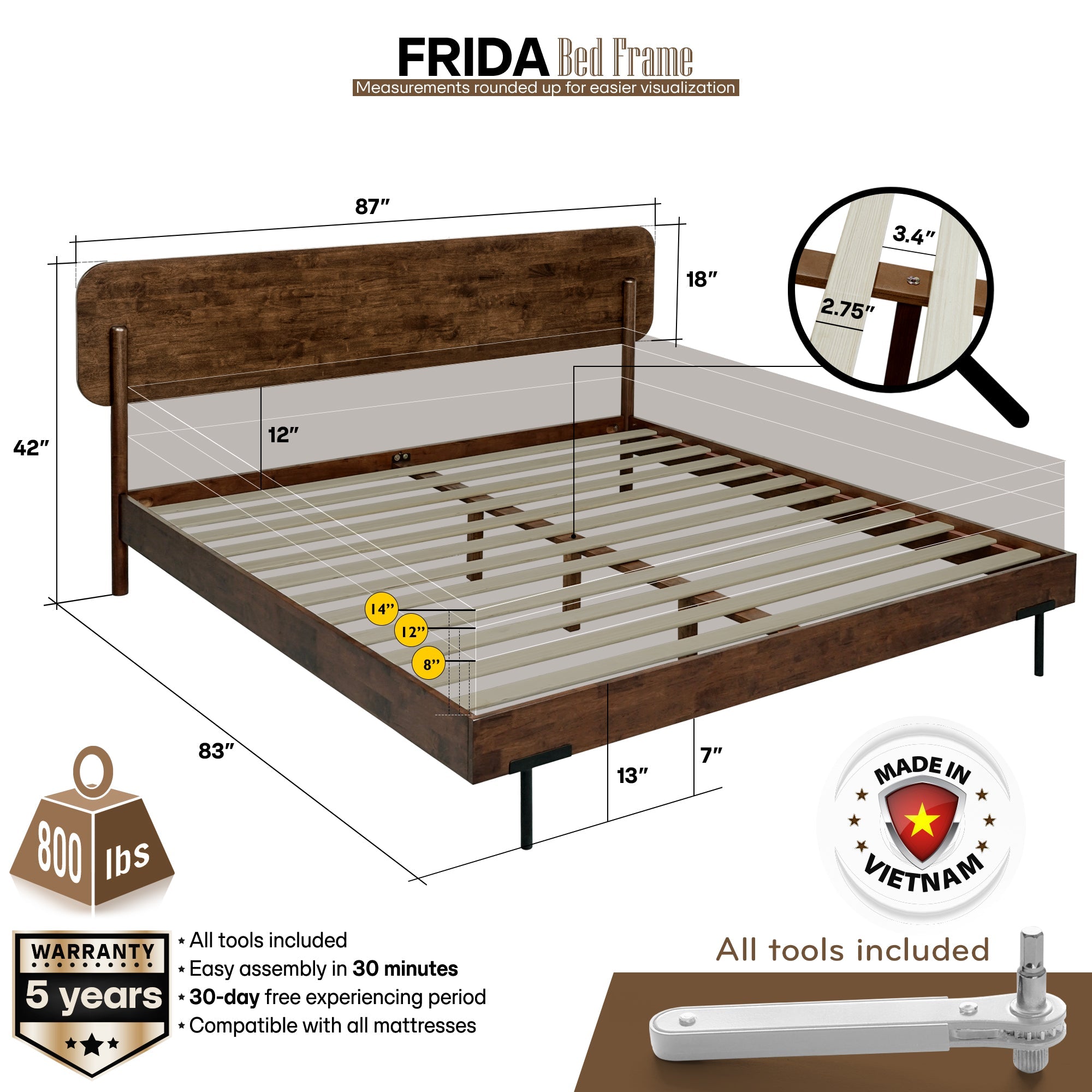 Frida Deluxe Solid Wood Bed Frame - Premium Quality Craftsmanship and Timeless Elegance
