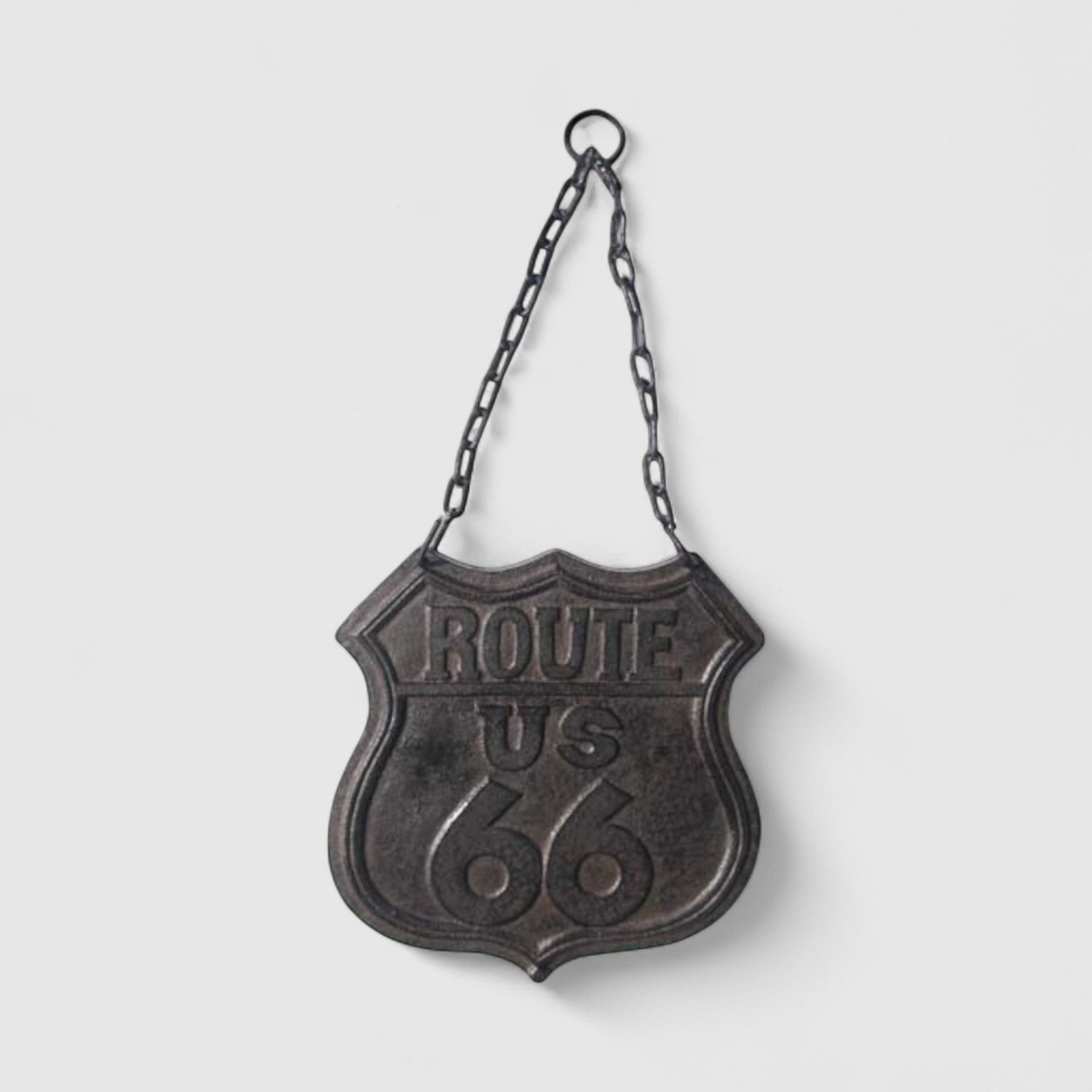 Retro Cast Iron Route 66 Plaque with Chain - Rustic Western Vintage Road Sign