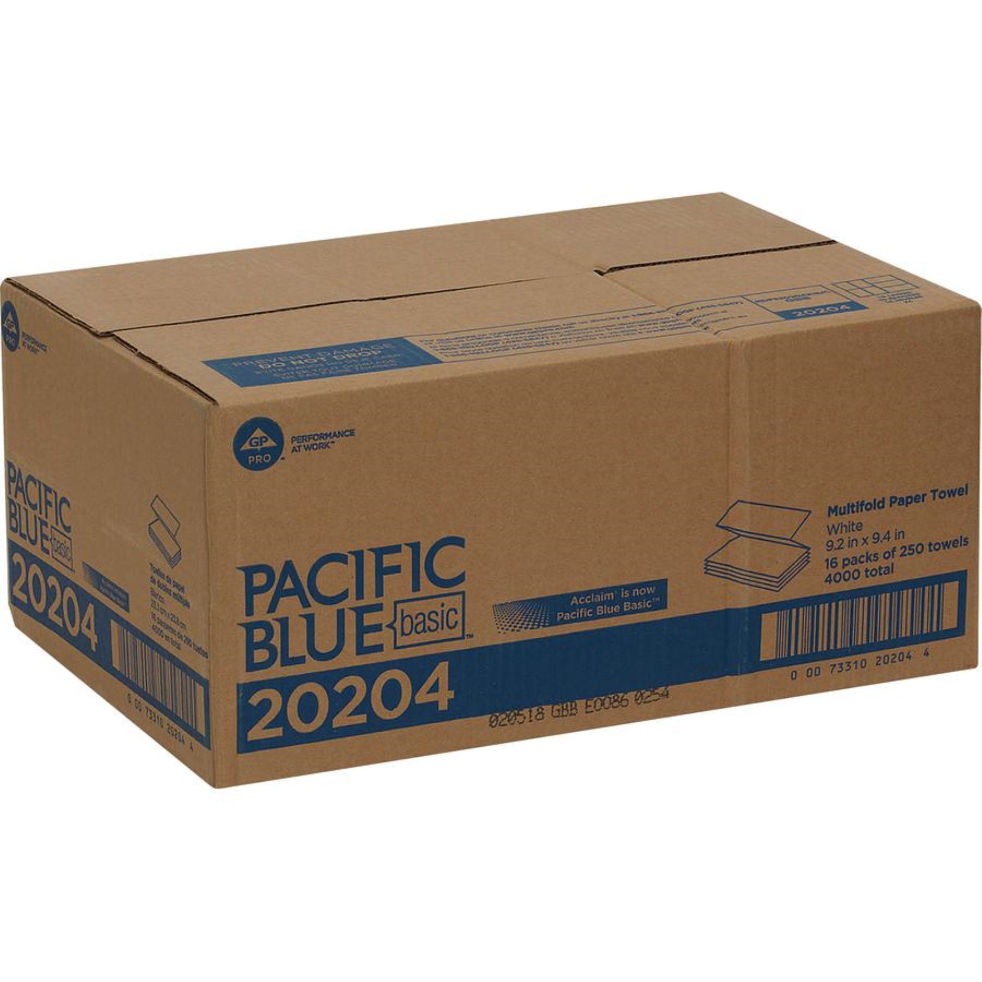 Pacific Blue Basic 1-Ply Multifold Paper Towel - 9.40 X 9.20 - White - Absorbent, Strong - For Washroom, Public Facilities, Offi