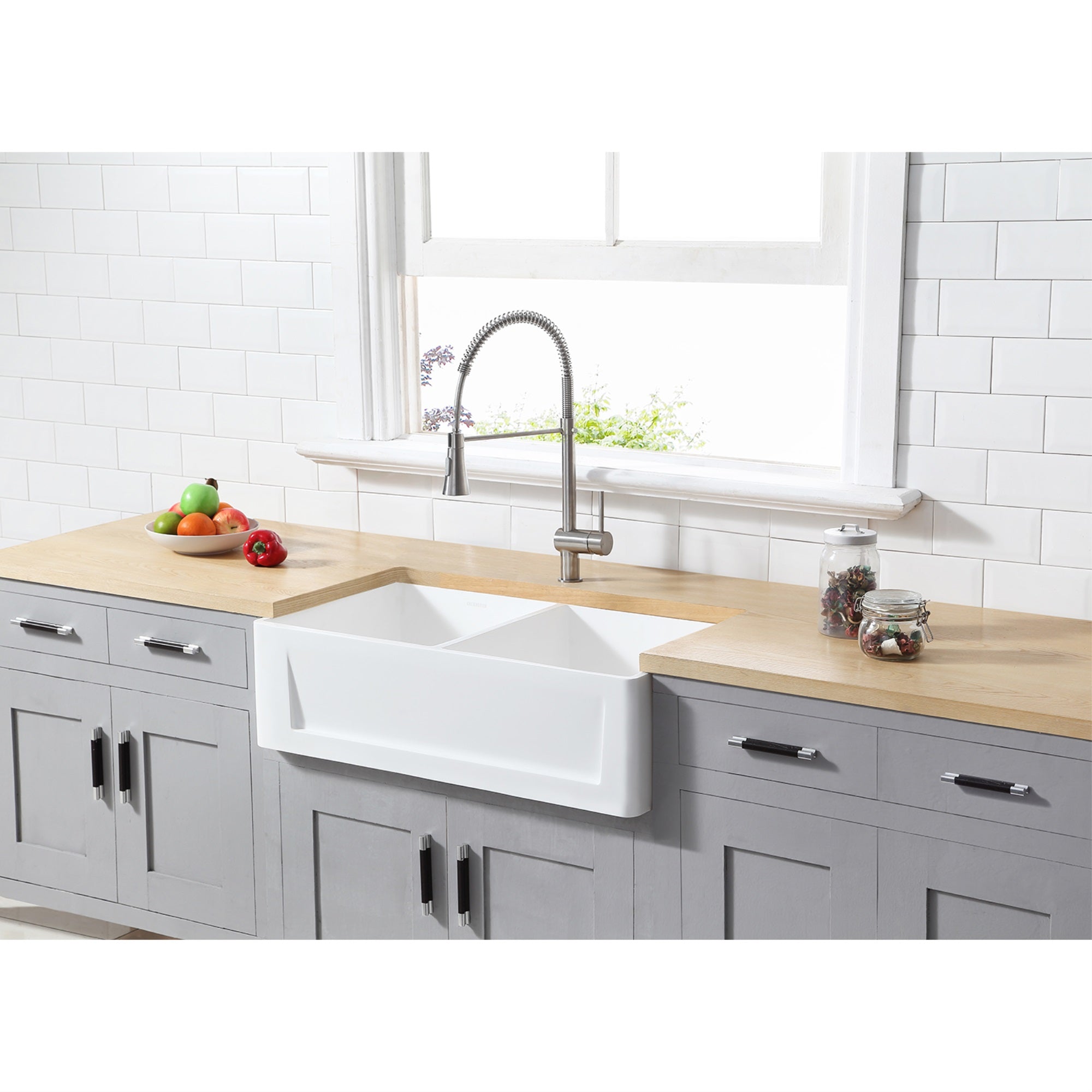 Gourmetier GKFA331810SQD Solid Surface Double Bowl Farmhouse Kitchen Sink  Matte White