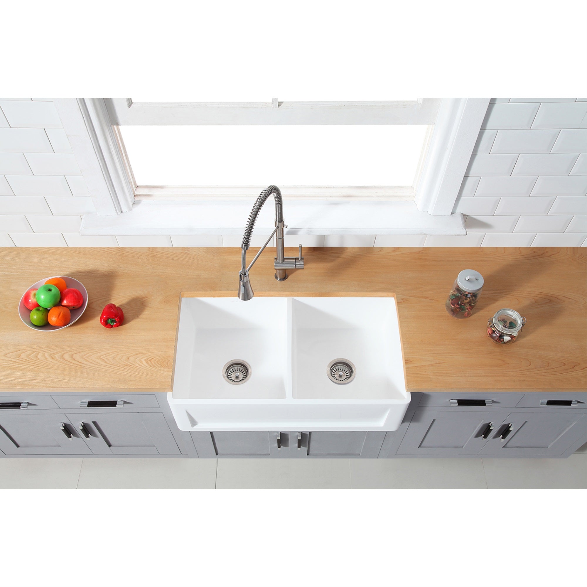 Gourmetier GKFA331810SQD Solid Surface Double Bowl Farmhouse Kitchen Sink  Matte White