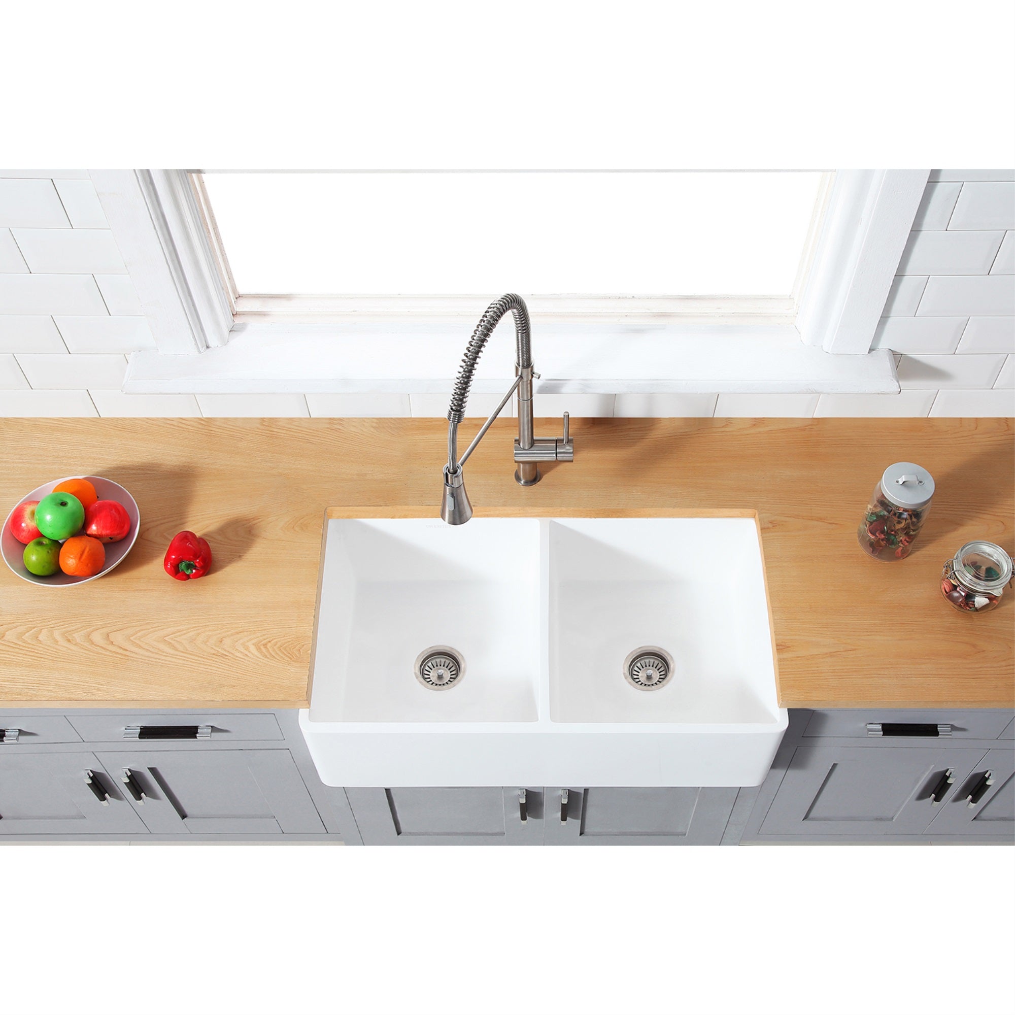Gourmetier GKFA361810BCD Solid Surface Double Bowl Farmhouse Kitchen Sink  Matte White