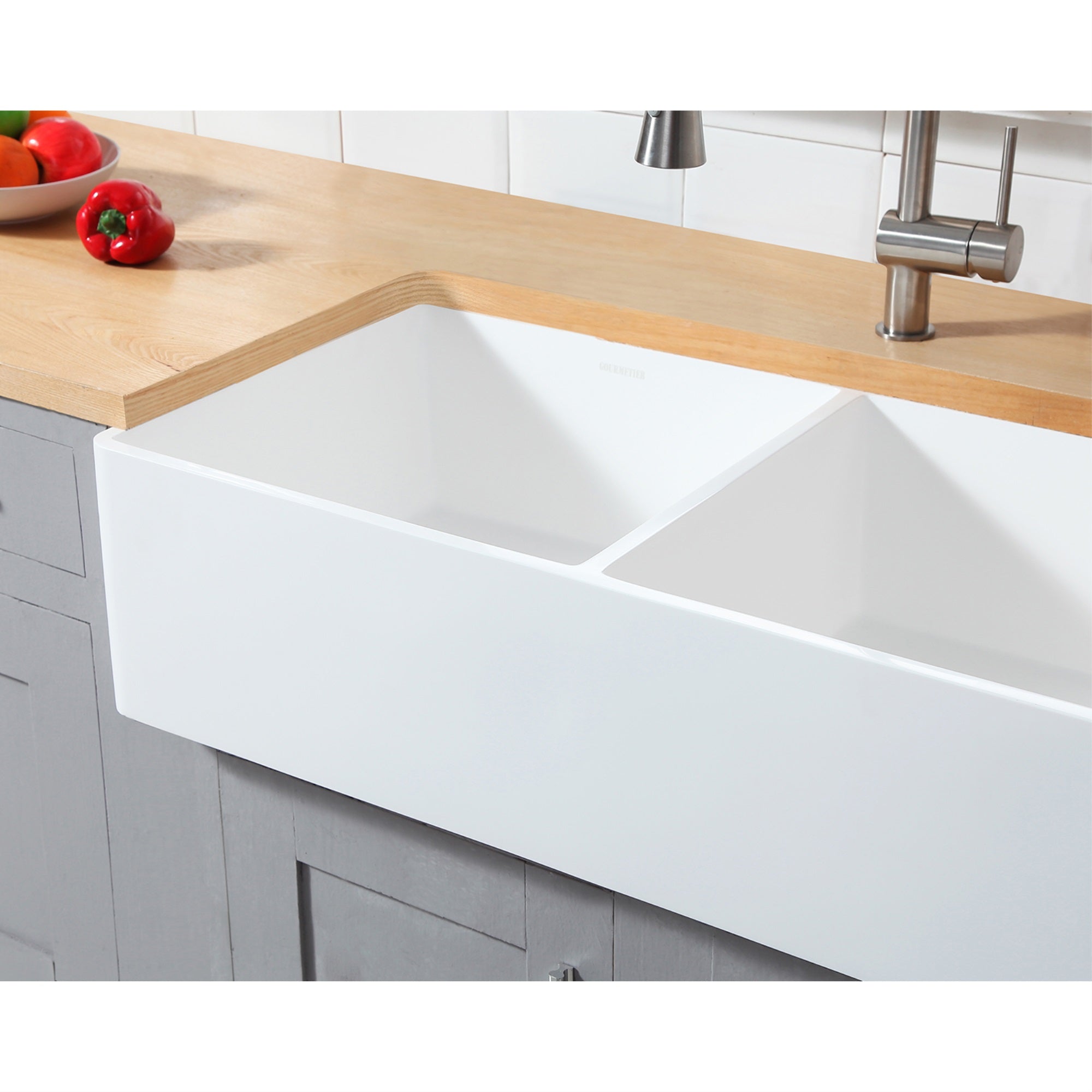 Gourmetier GKFA361810BCD Solid Surface Double Bowl Farmhouse Kitchen Sink  Matte White