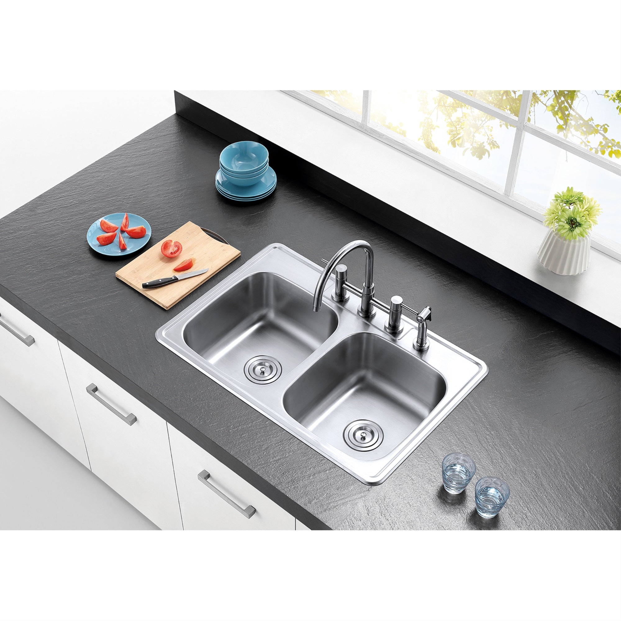 Gourmetier GKTD33228 Drop-in Double Bowl Kitchen Sink  Brushed